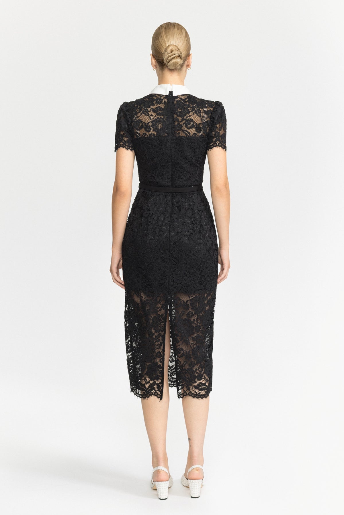 Corded Lace Bow Collar Midi Dress - Black