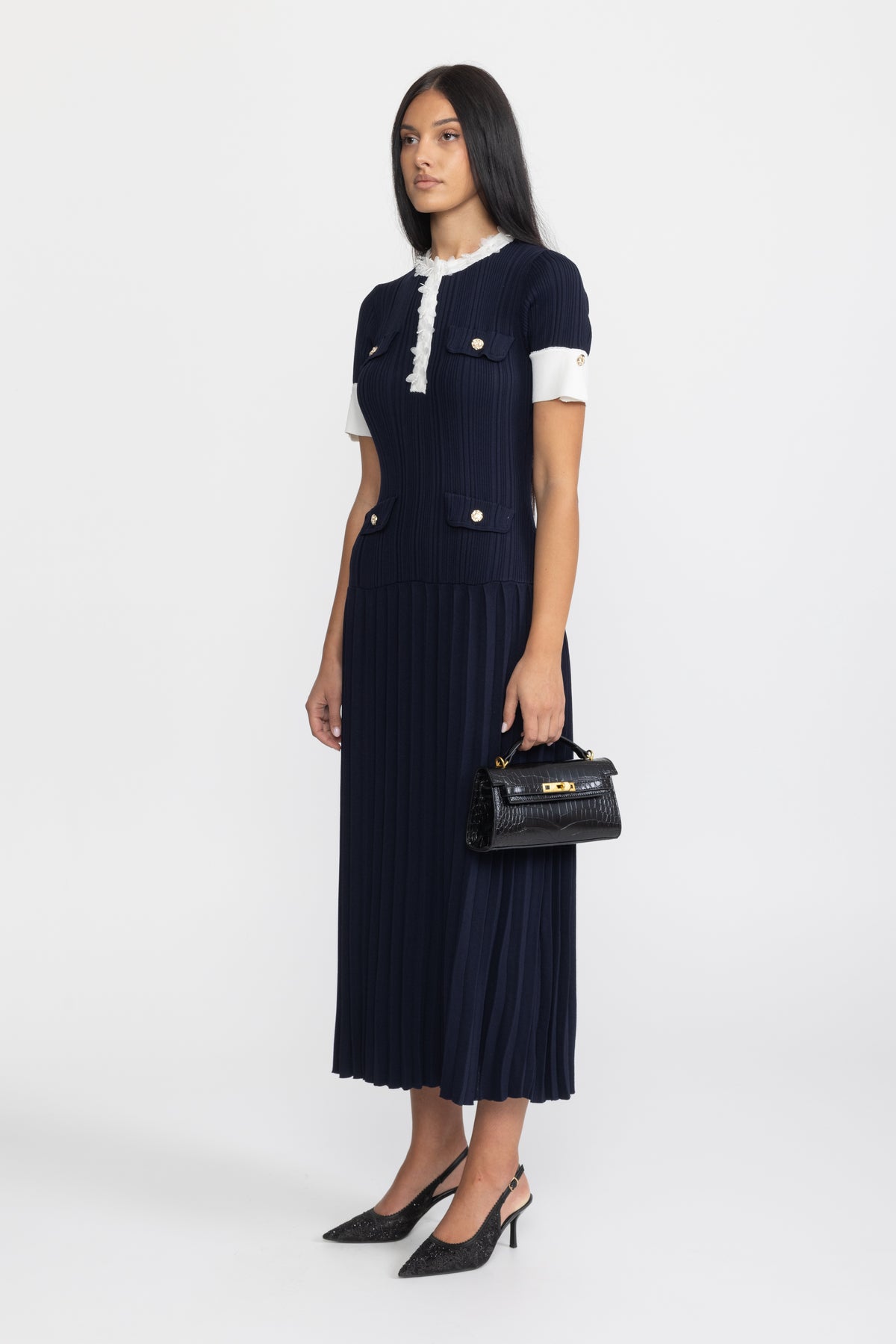 Plissiertes Midikleid aus Strick mit Rüschenbesatz - Navy 