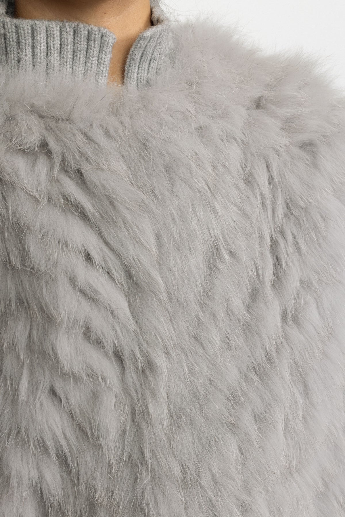 Knitted Fox Fur Jacket with Rib Knit Sleeves - Grey
