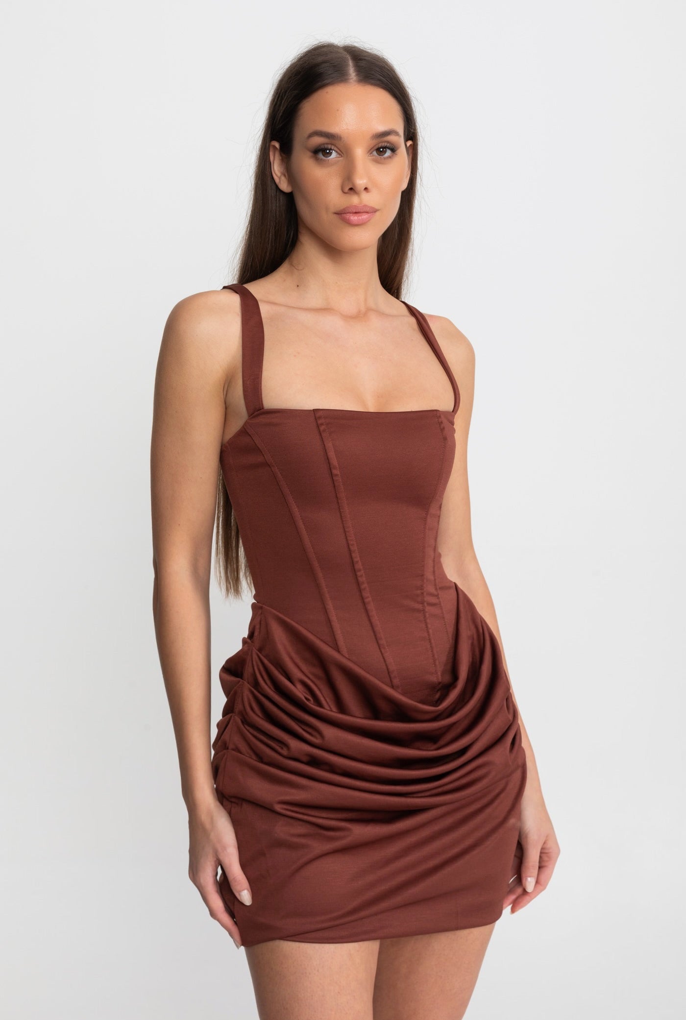 Corset Mini Dress with Ruched Skirt Detail – Light Brown