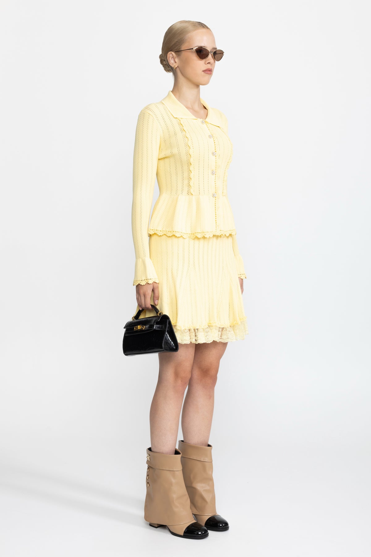 Pointelle-Strick Peplum-Cardigan und Rock mit Spitzenbesatz als Co-ord-Set - Gelb 