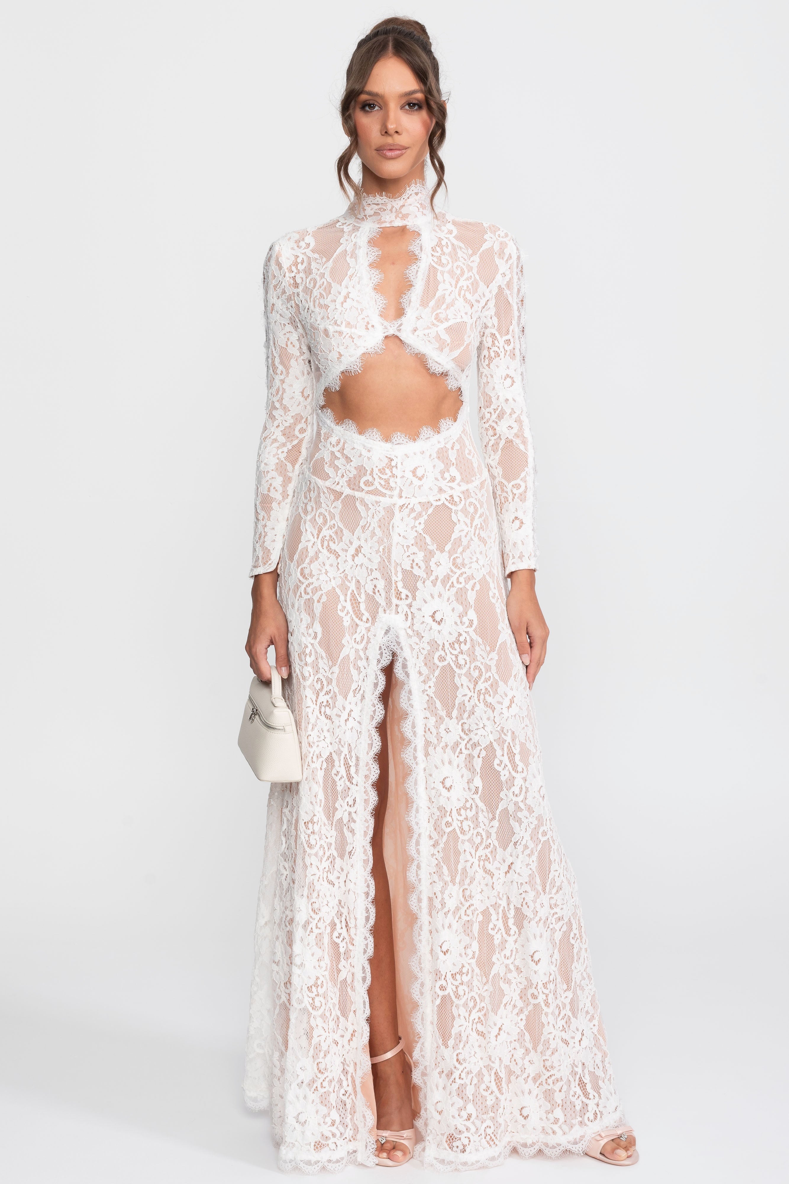 Elegant Lace Gown With High Neck, Front Cutout And Slit - White