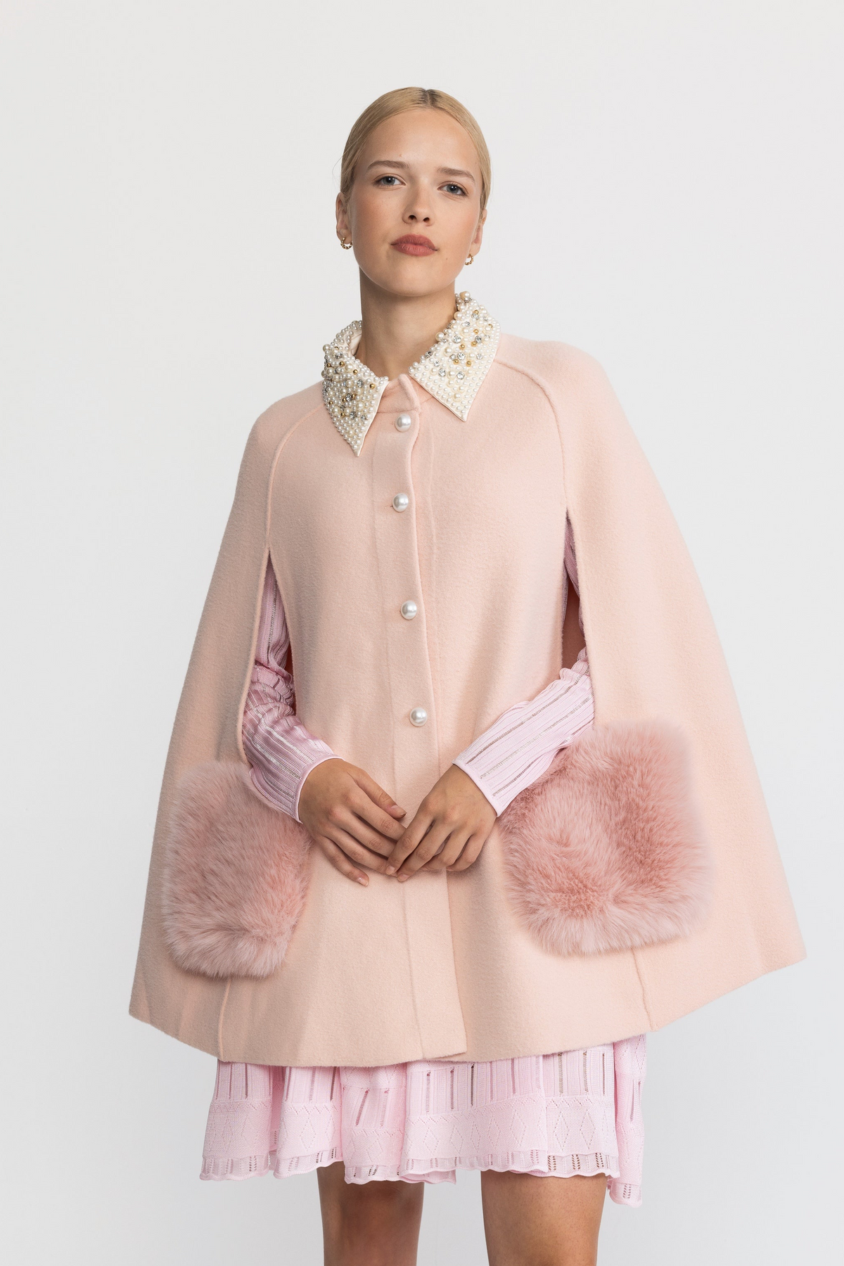 Pearl Embellished Collar Cape with Faux Fur Pockets - Pink