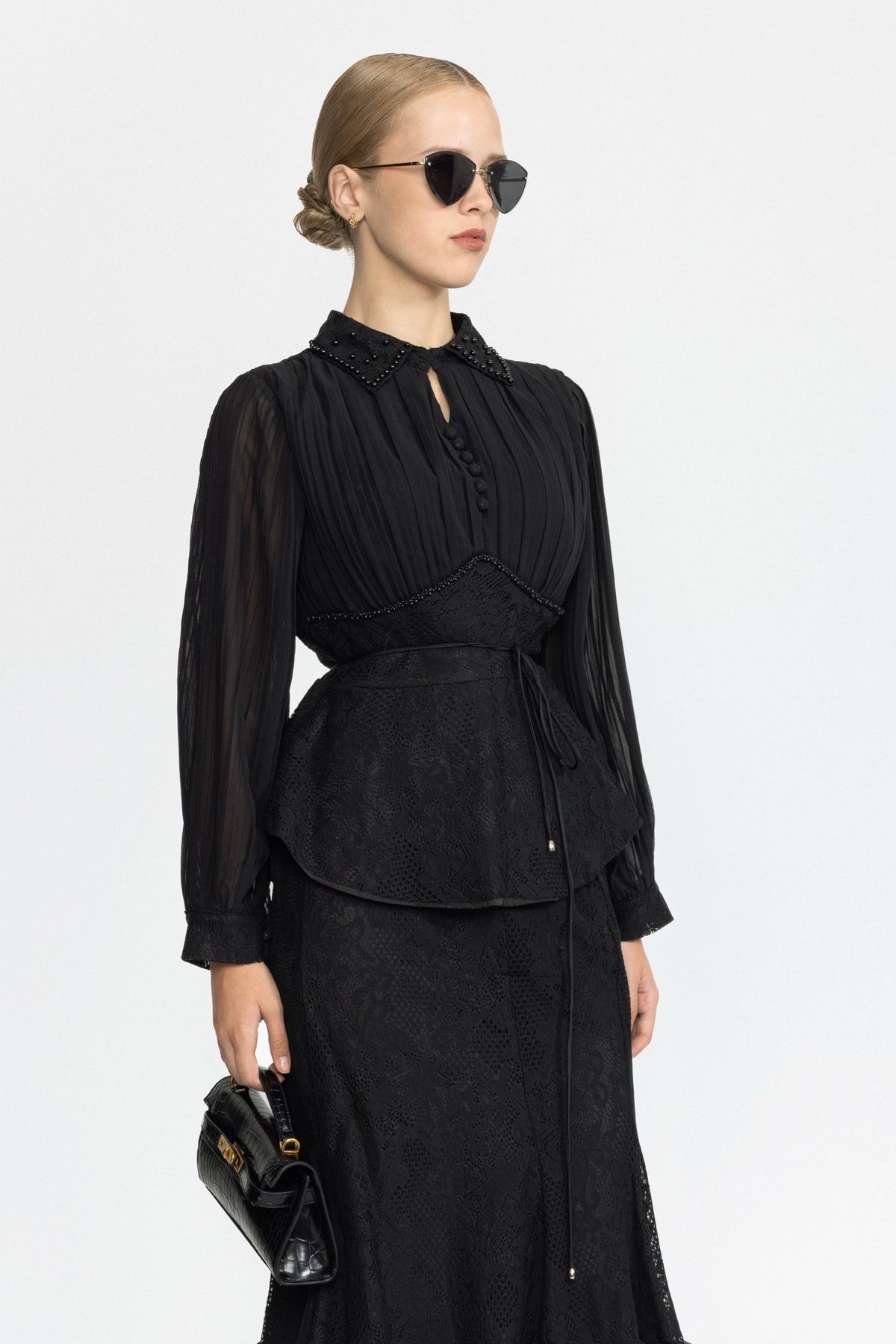 Pleated Chiffon Lace Peplum Blouse and Maxi Skirt Set - Black