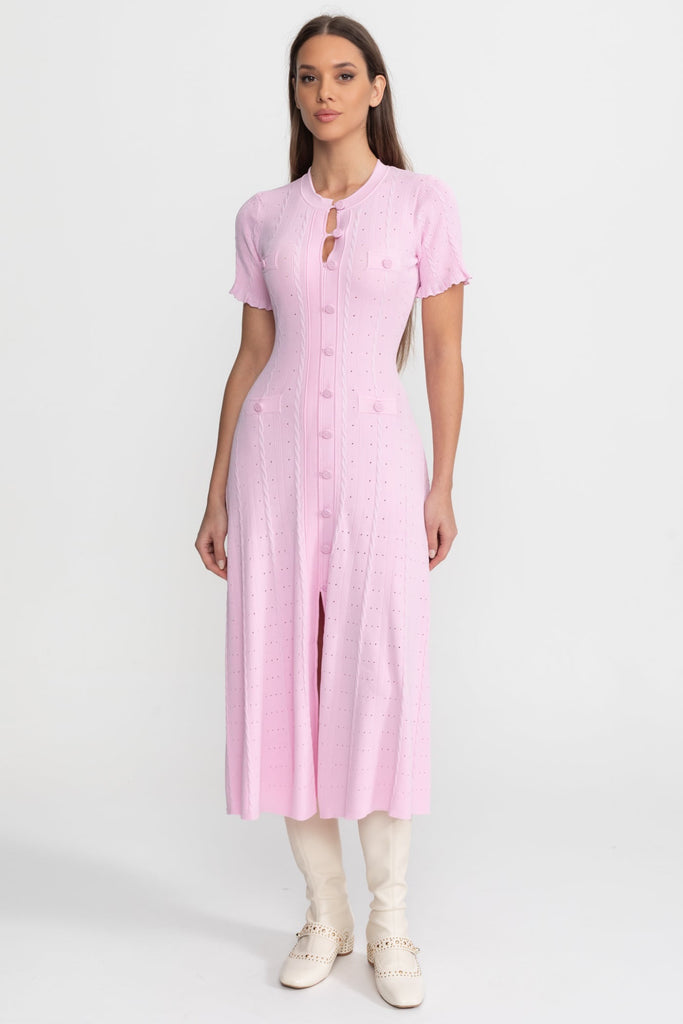Strick-Midikleid mit Knopfleiste und geschwungenen Ärmeln – Pink 