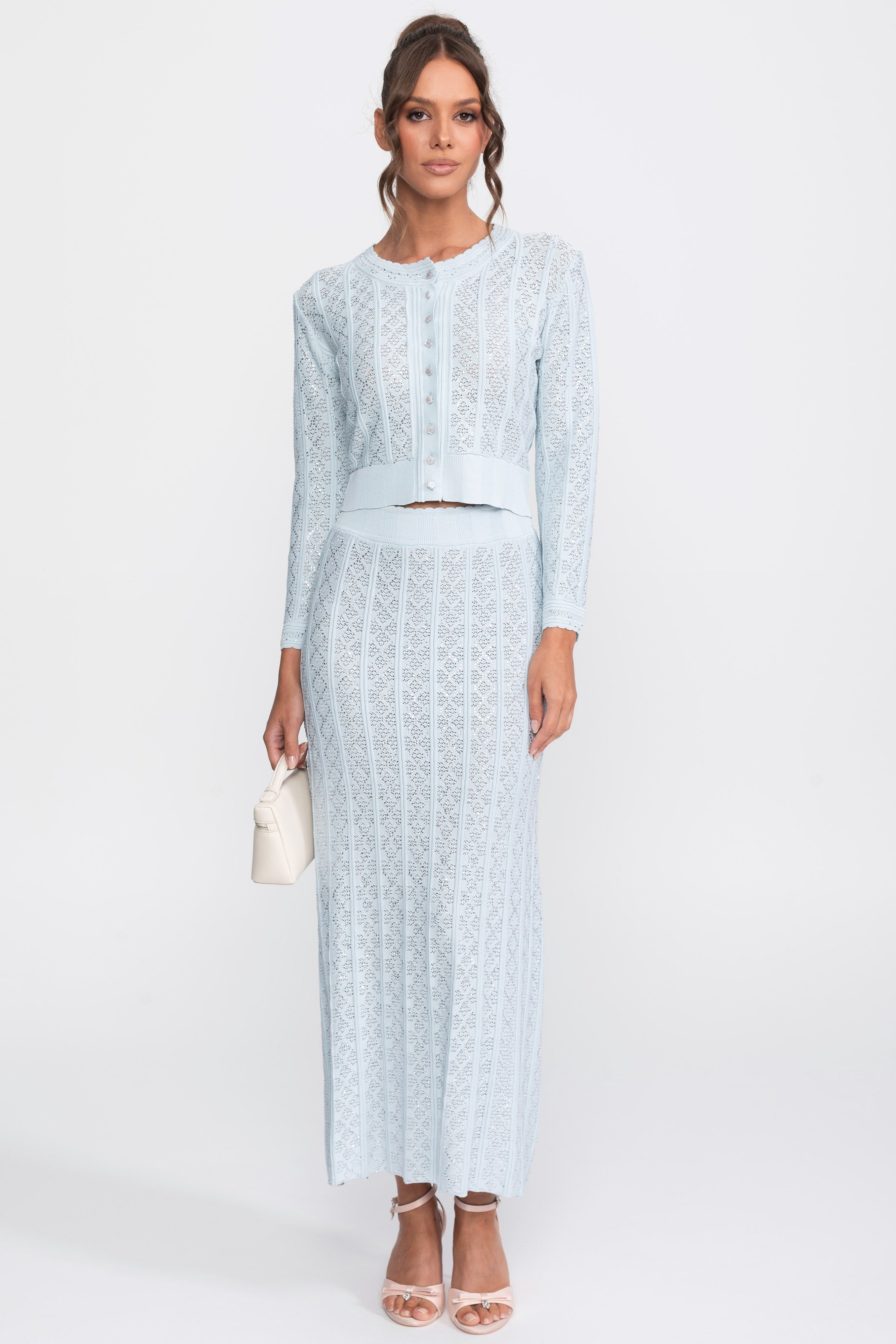 Eyelet Knit Co-Ord Set With Cardigan And Maxi Skirt - Light Blue