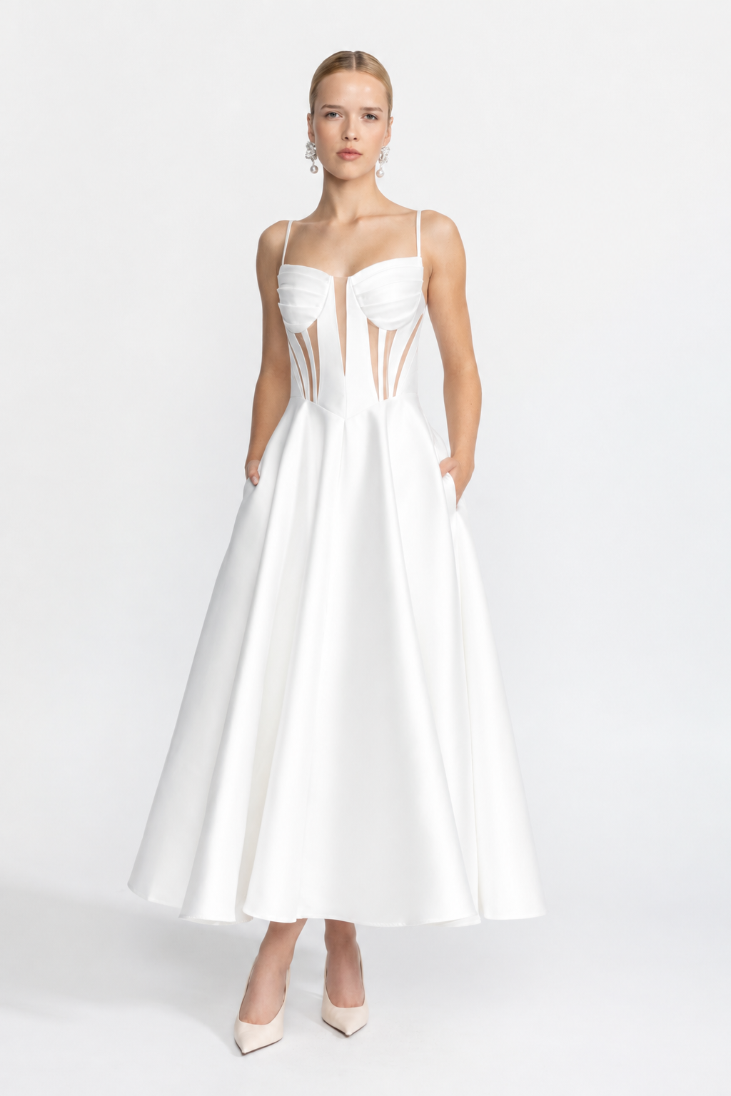 Midi-Korsettkleid aus Satin mit transparenten Einsätzen – Weiß 