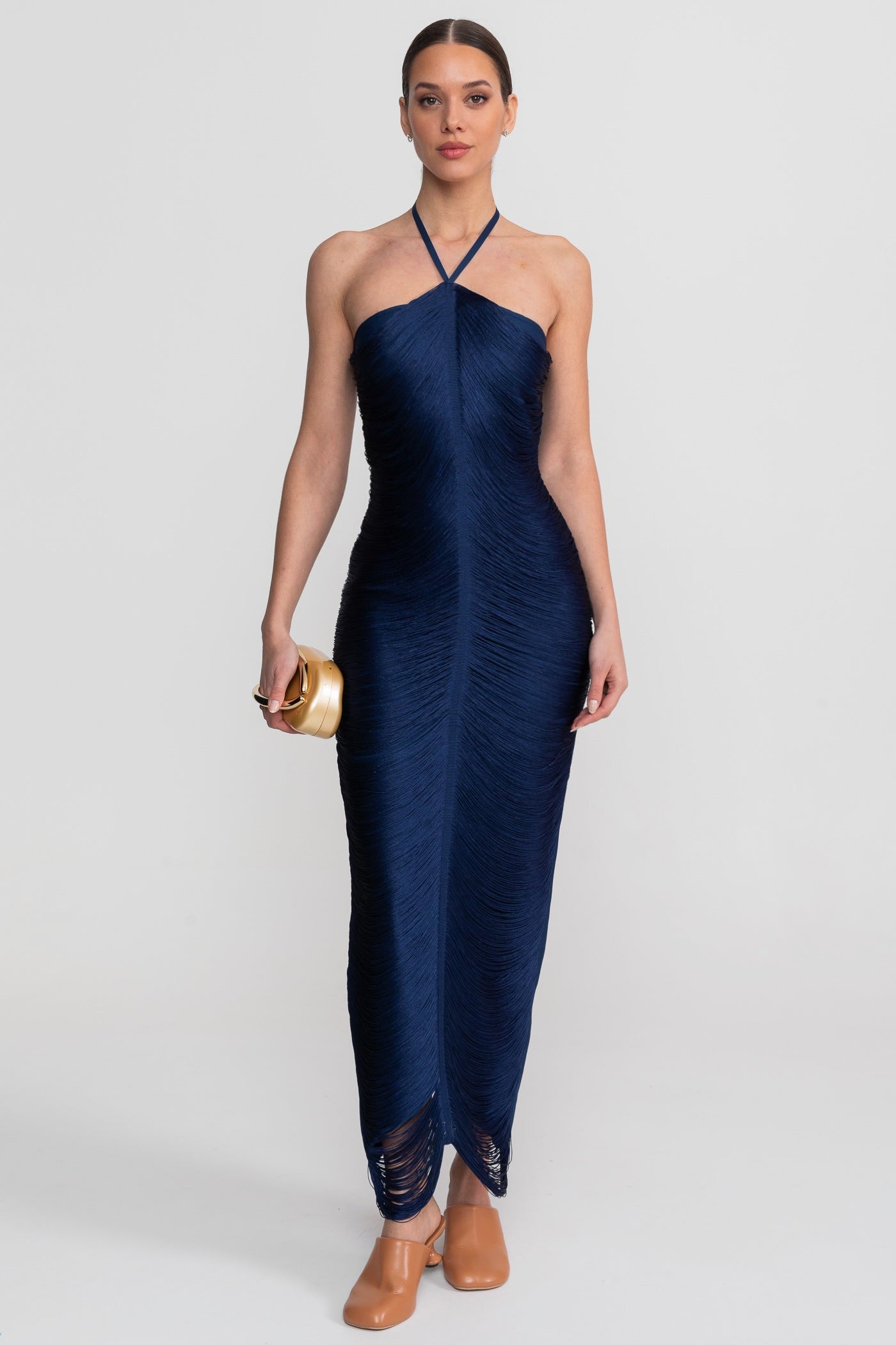 Midikleid mit Neckholder und durchgehend plissierter Textur – Blau 