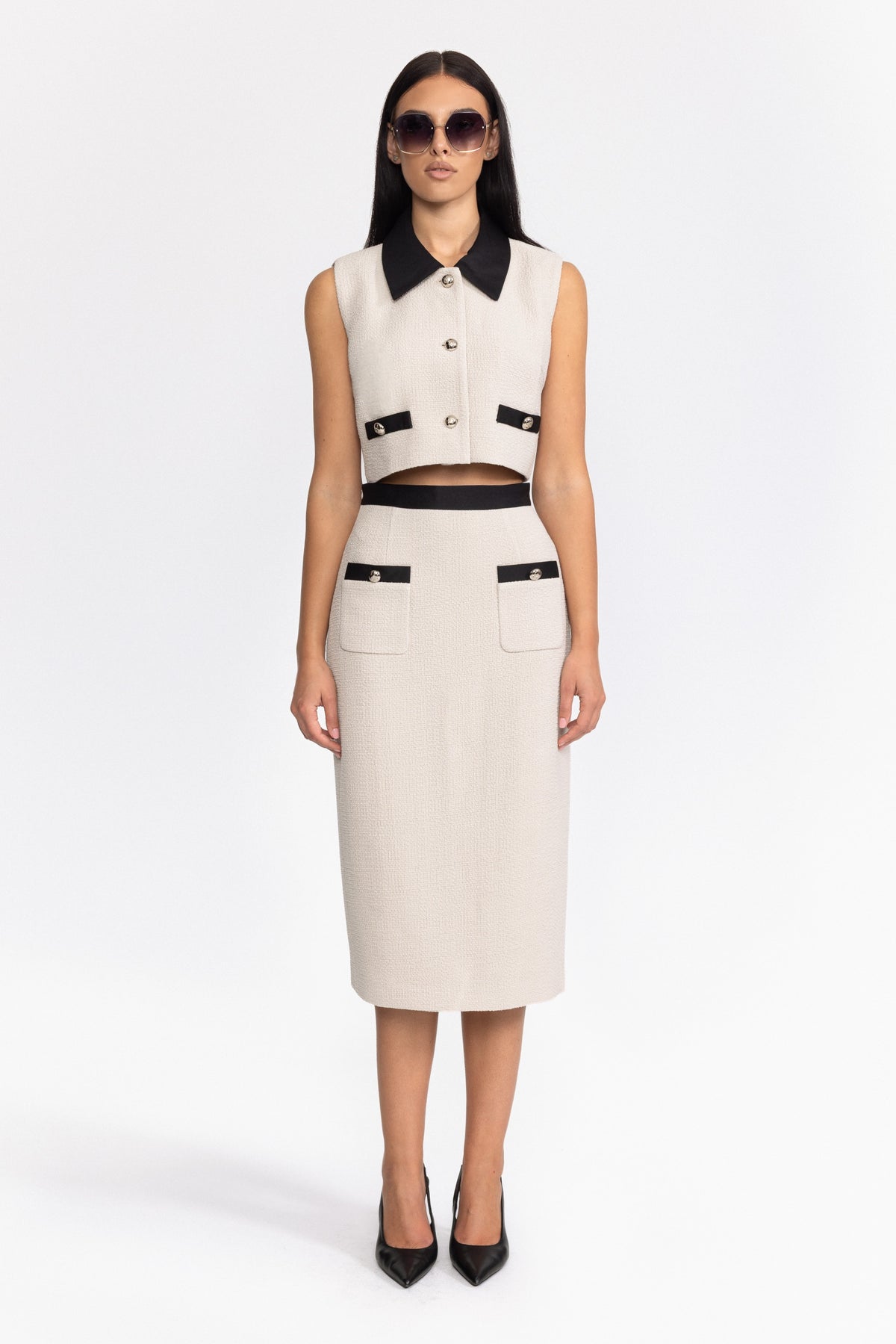 Tweed-Set mit Crop Top mit Kontrastkragen und Midirock - Off-White 