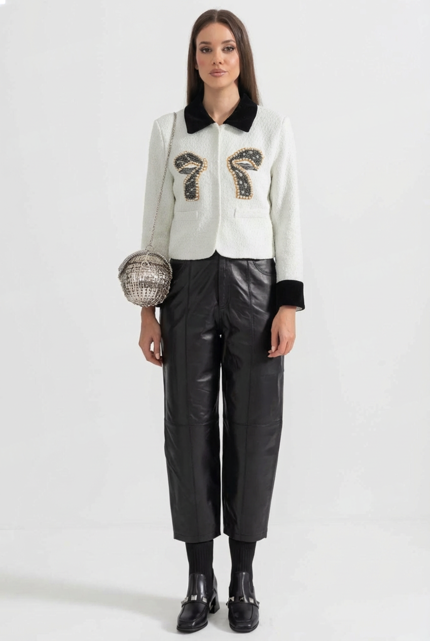 Tweed Blazer With Contrasting Elements And Metallic Bow Accent - White