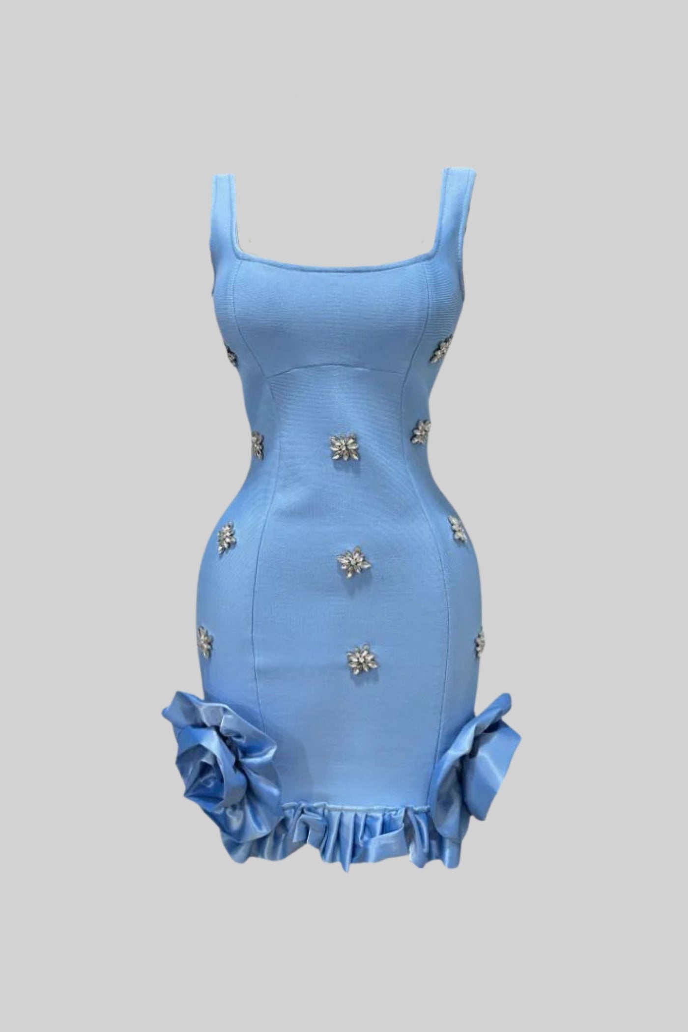 Embellished Bodycon Mini Dress With Crystal Flowers – Baby Blue