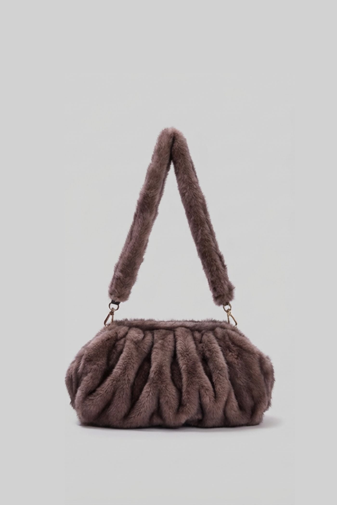 Faux Fur Shoulder Bag with Ruched Design – Khaki