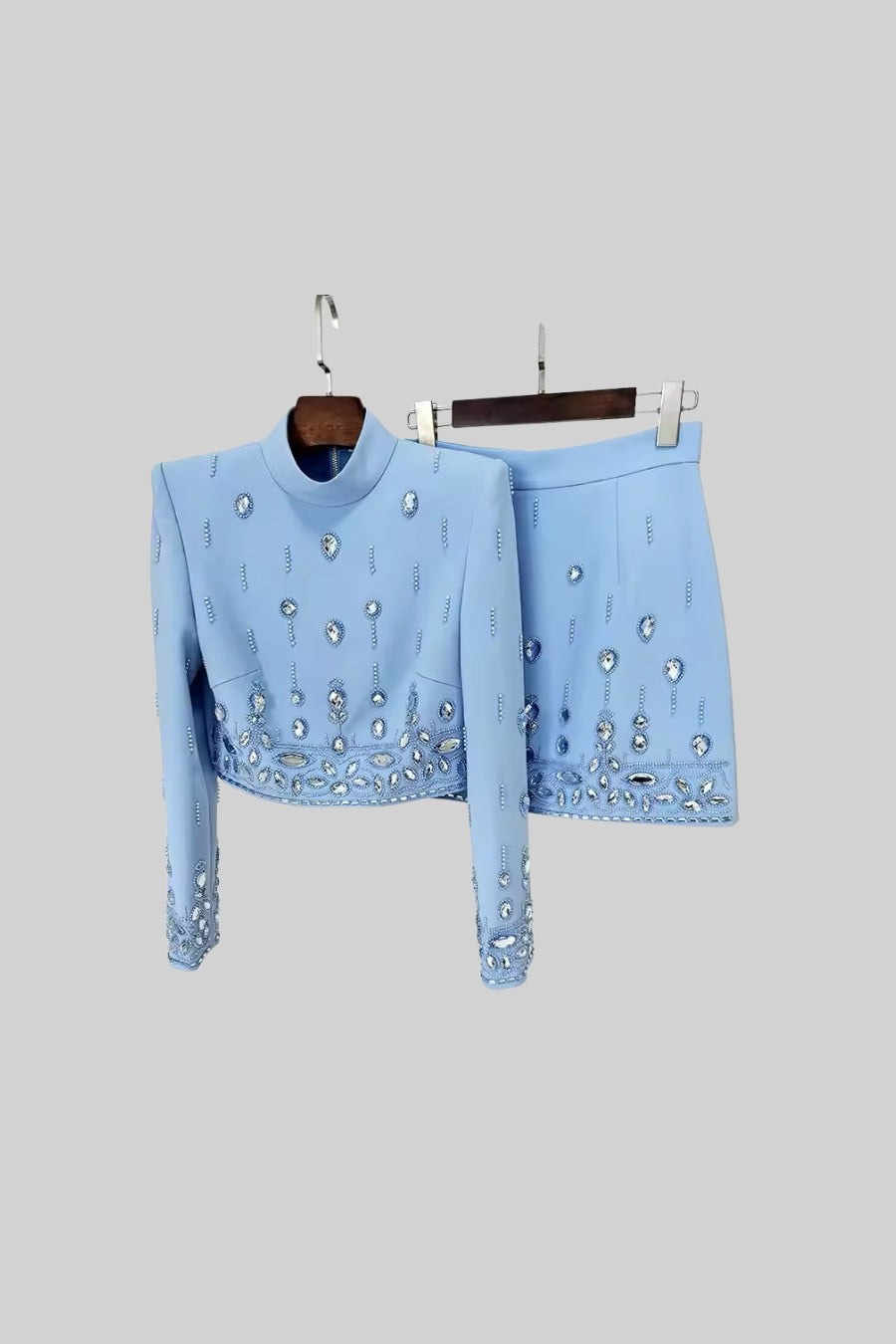 Diamond Embellished Co-Ord with Mini Skirt - Baby Blue