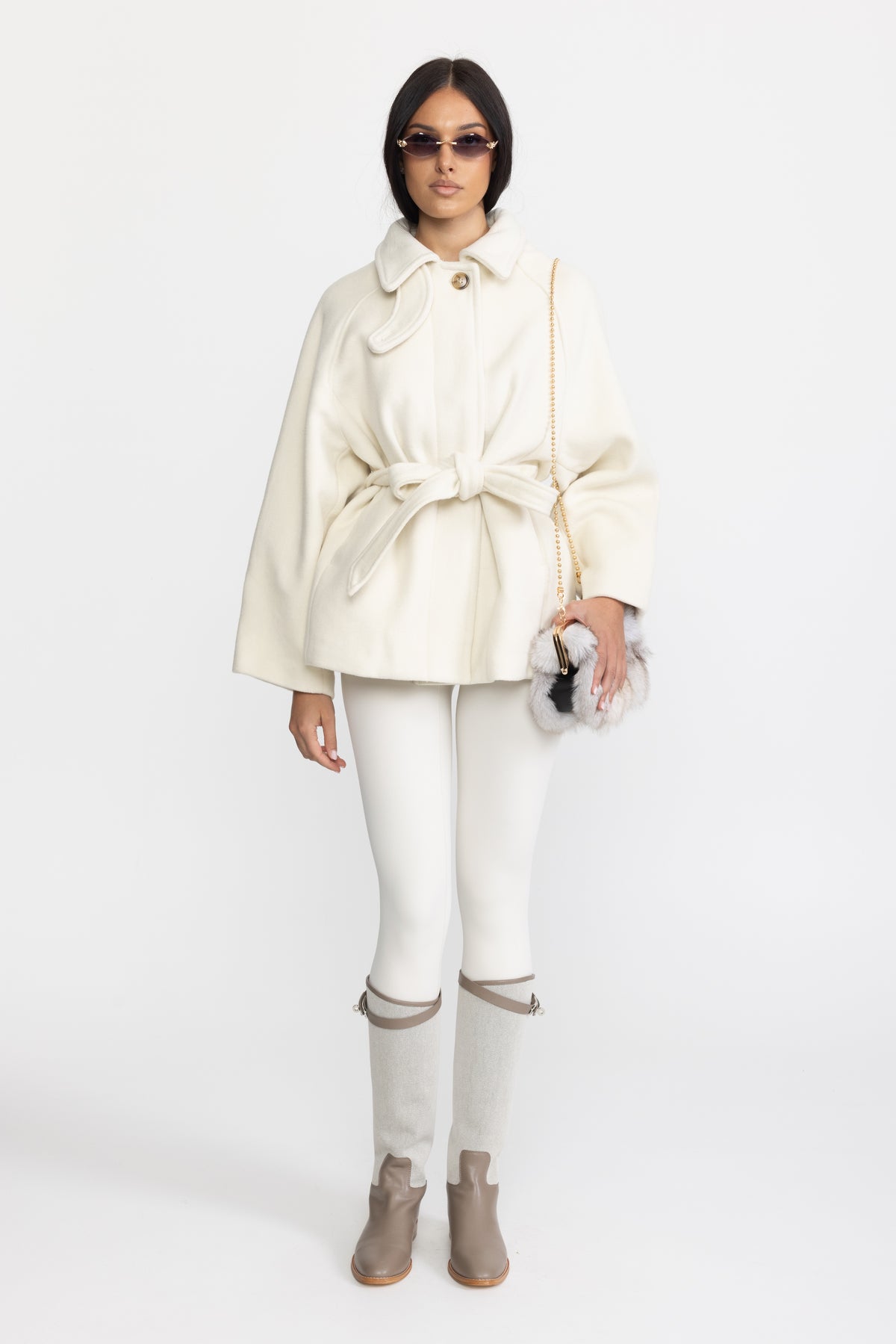 Swing-Jacke aus Wolle und Kaschmir mit Gürtel - Ivoire 