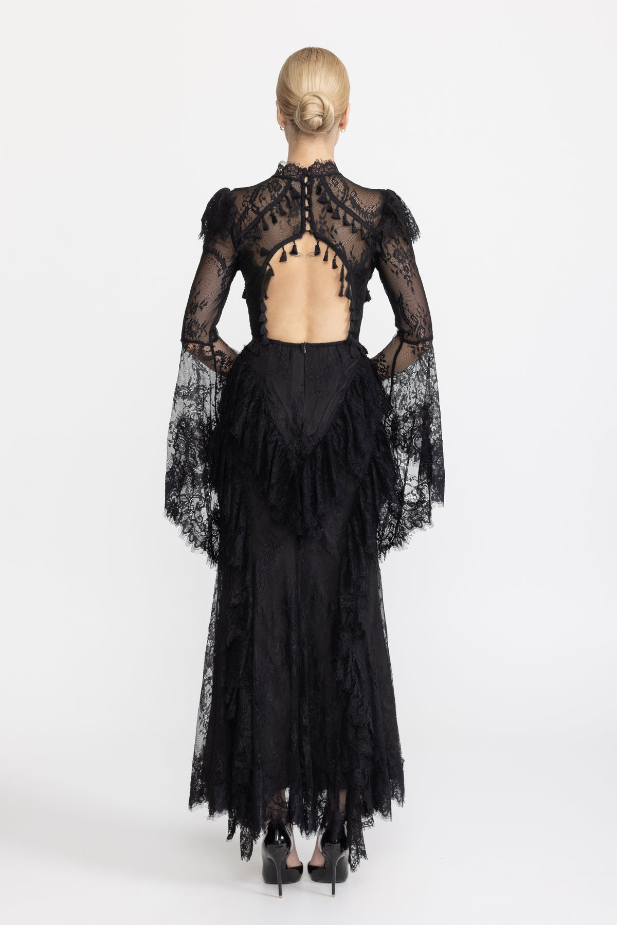 Tassel Trim Lace Corset Bell Sleeve Maxi Dress - Black