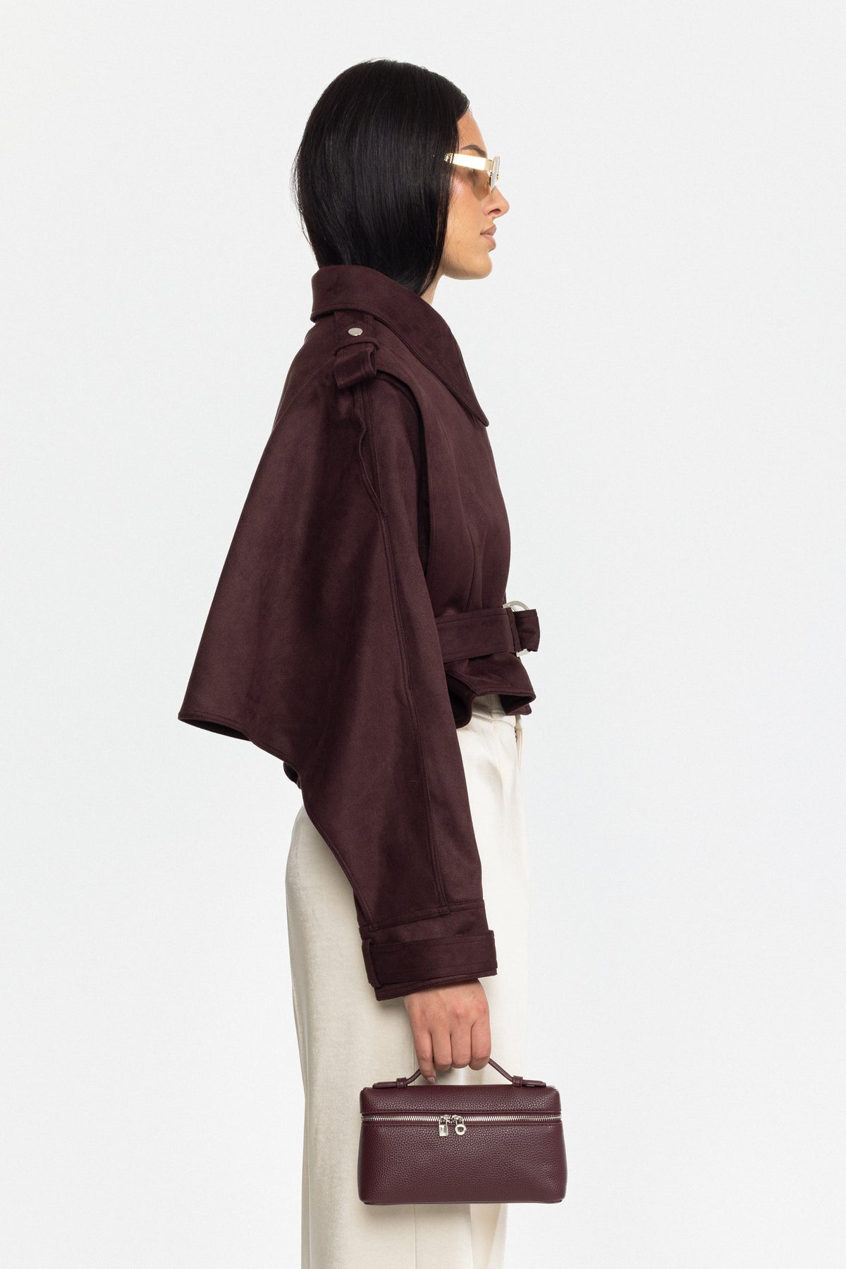 Cape-Jacke aus Veloursleder mit Gürtel - Burgunderrot 