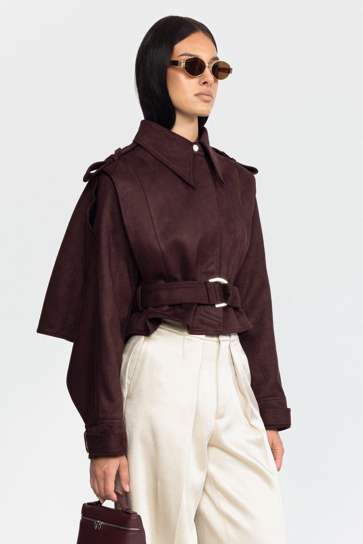 Cape-Jacke aus Veloursleder mit Gürtel - Burgunderrot 