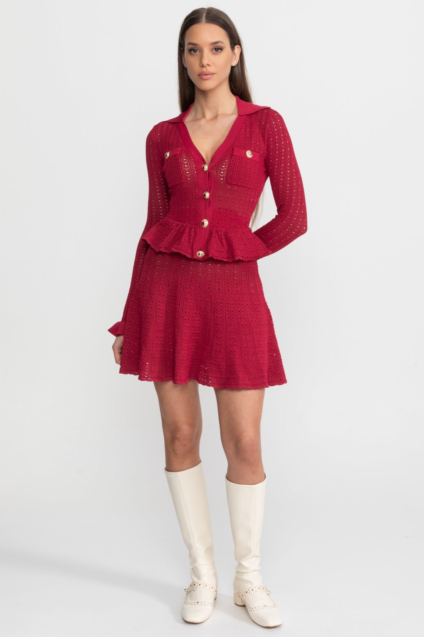 Pointelle Knit Mini Dress with Peplum Hem – Dark Red