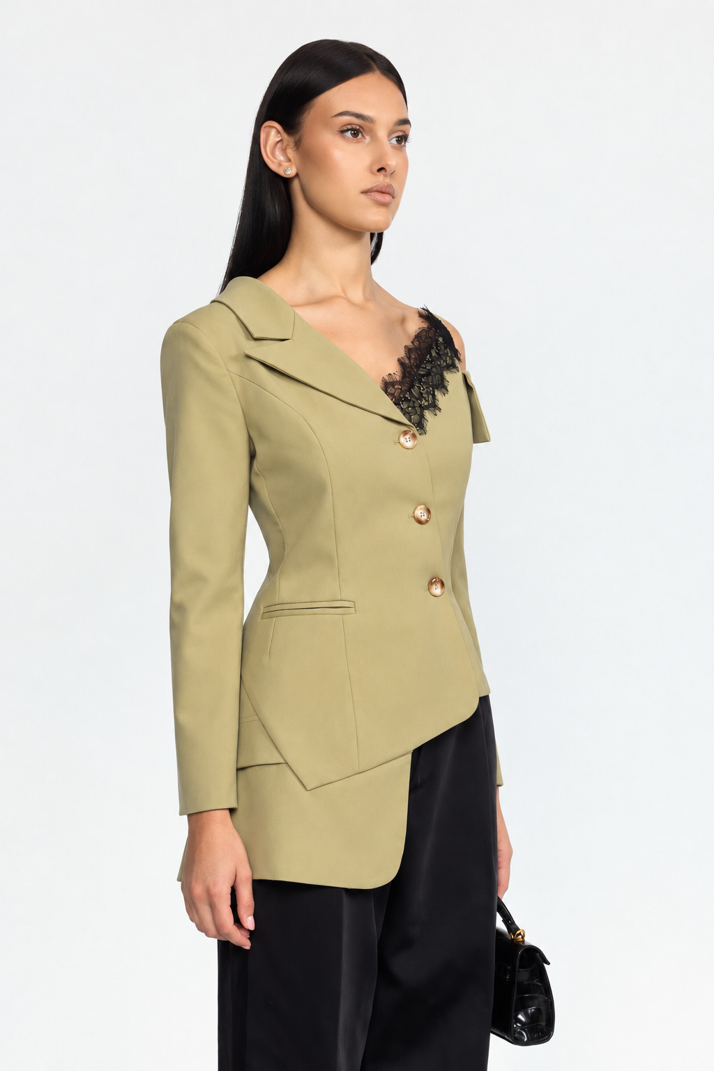 Asymmetric Cold-Shoulder Lace Trim Blazer - Khaki