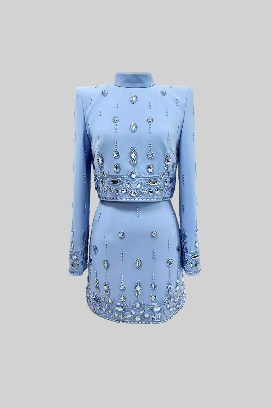 Diamond Embellished Co-Ord with Mini Skirt - Baby Blue