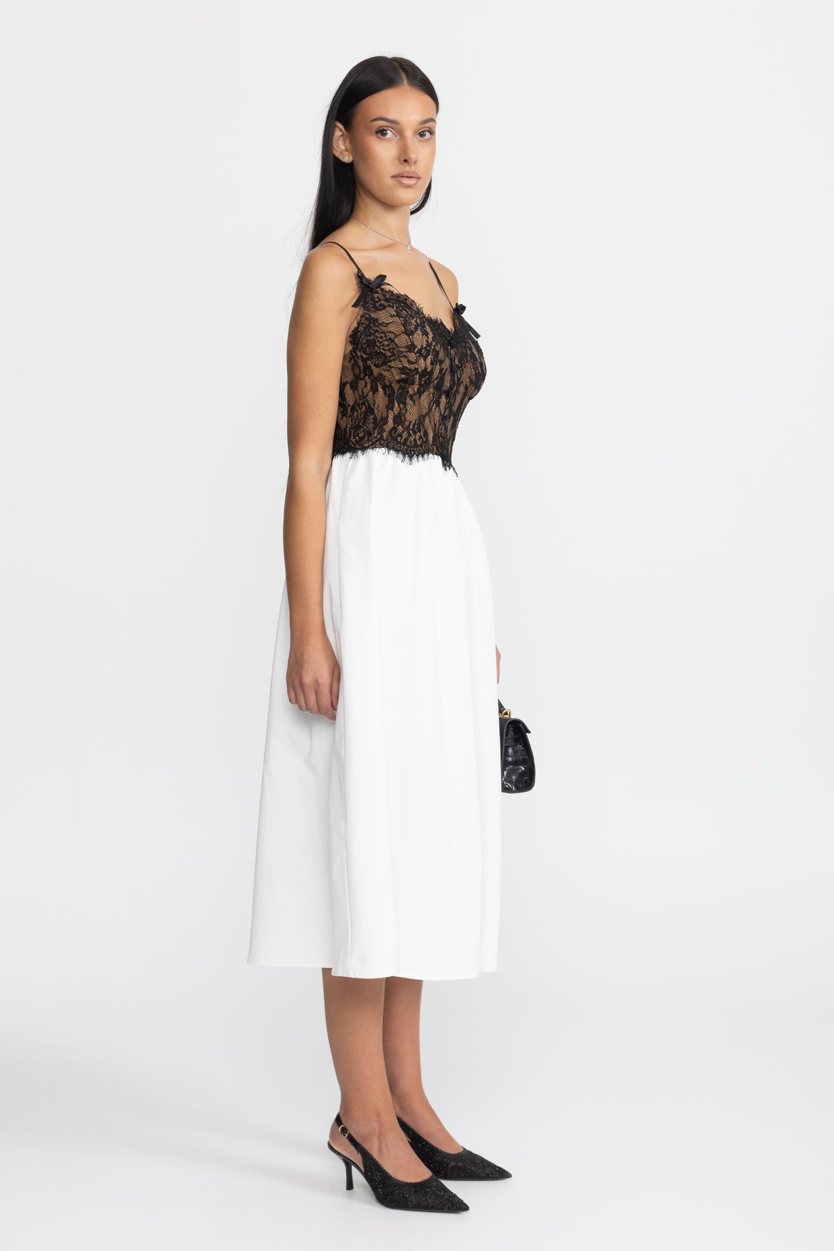 Midi-Kleid aus Popeline mit Bustier aus Spitze - Schwarz & Weiß 