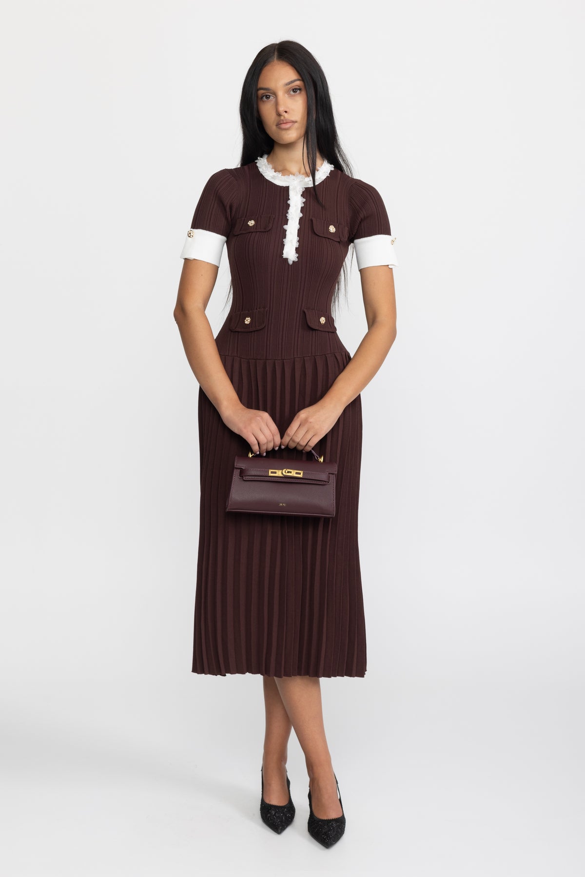 Pleated Knit Ruffle Trim Midi Dress - Chocolate