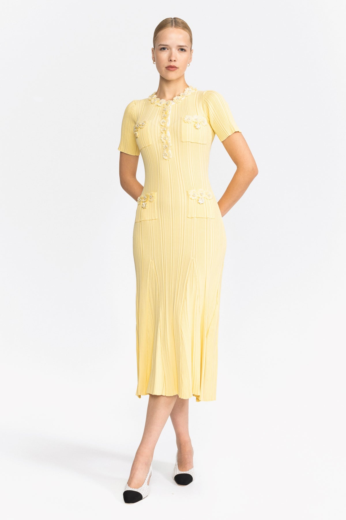 Cable Knit Jewel-Button Midi Dress - Yellow