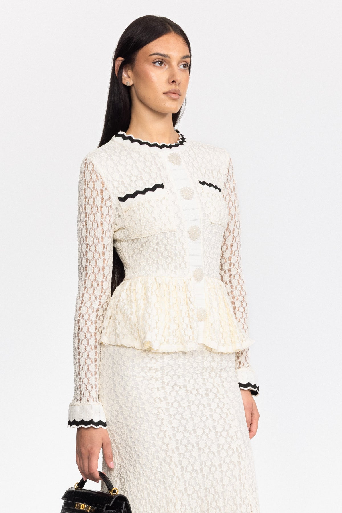 Midi-Kleid aus Häkelstrick mit Peplum und Ric-Rac-Besatz - Off-White 