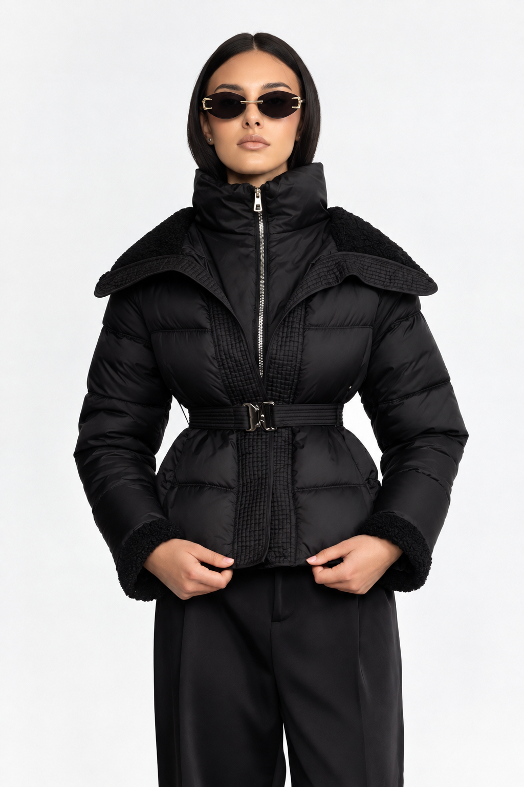 Gesteppte Daunenjacke mit Gürtel und Teddykragen - Schwarz 