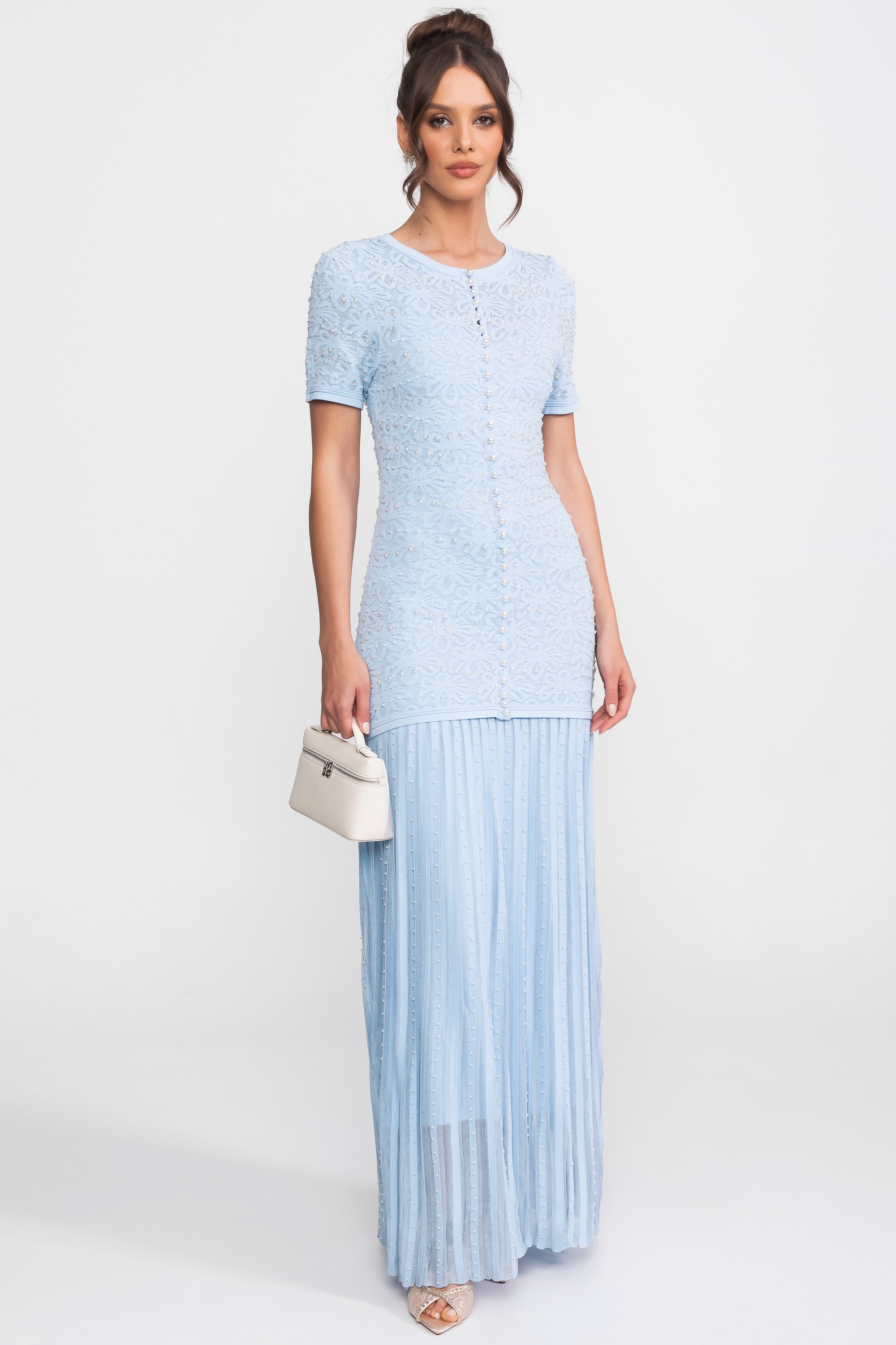 Midi-Kleid mit kurzen Ärmeln und Perlenverzierung - Powder Blue 