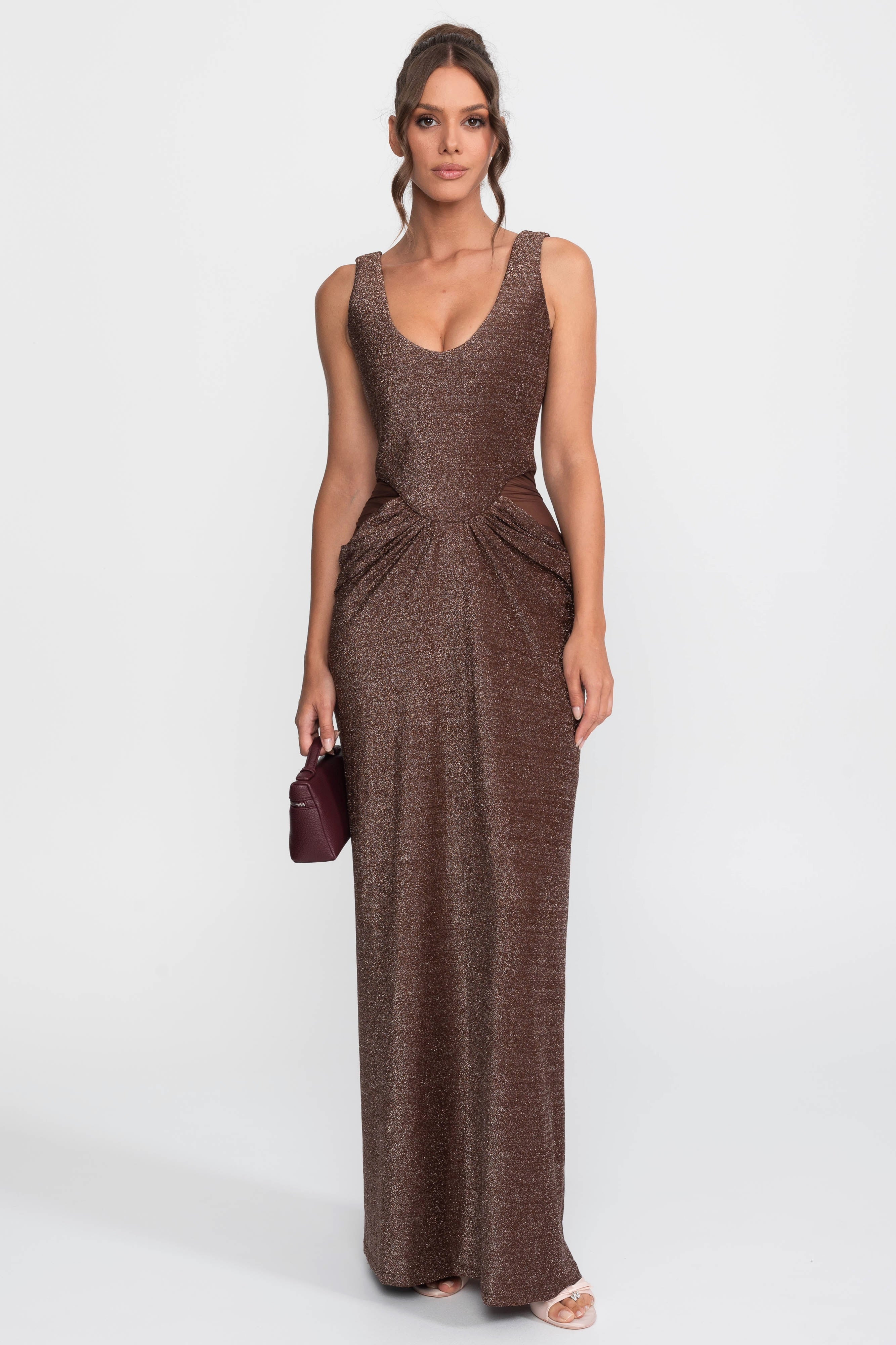 Metallisches Strick-Cutout-Säulenkleid mit Rundhalsausschnitt – Coffee 