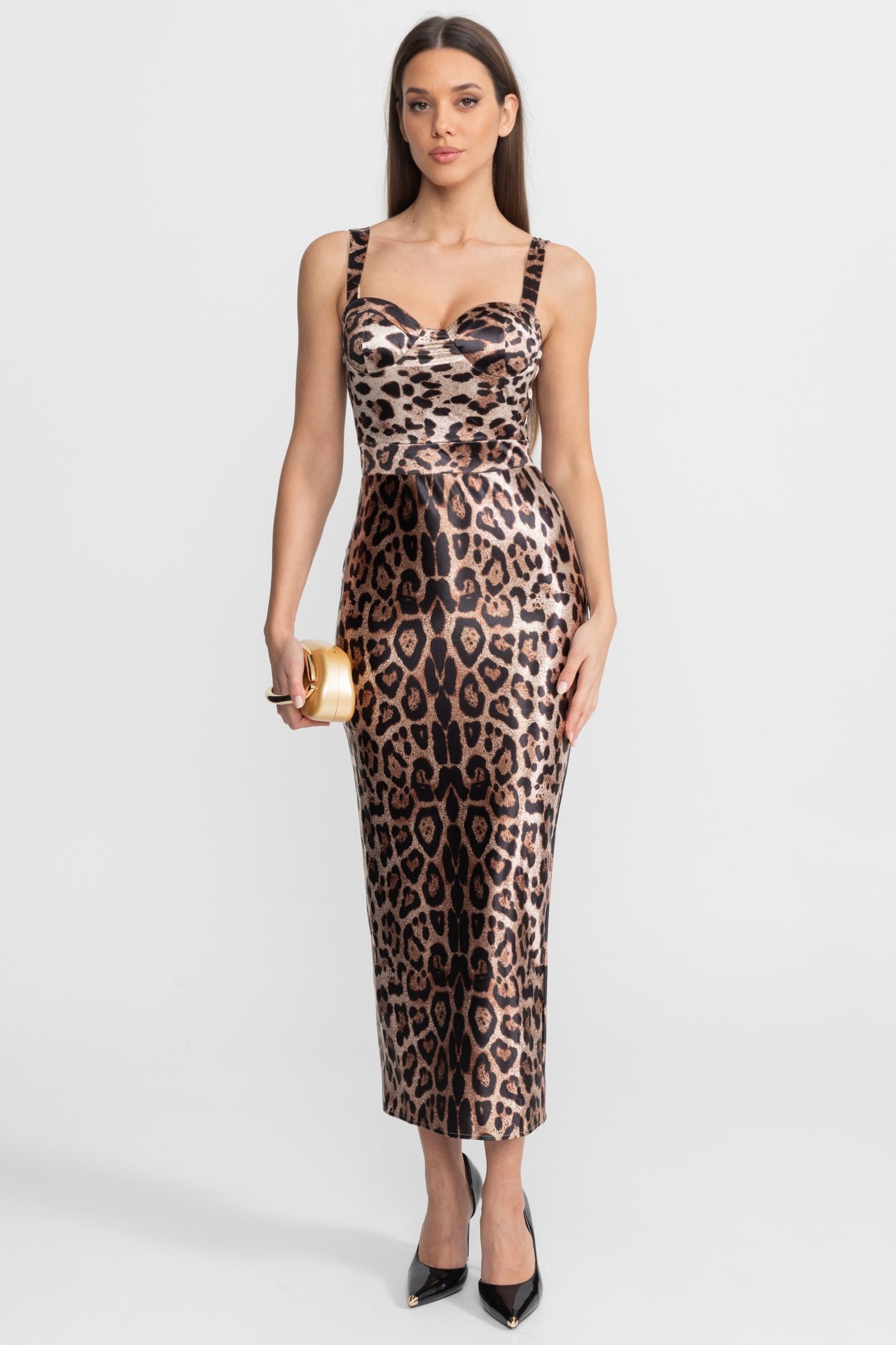Satin Midi Dress with Leopard Print – Brown
