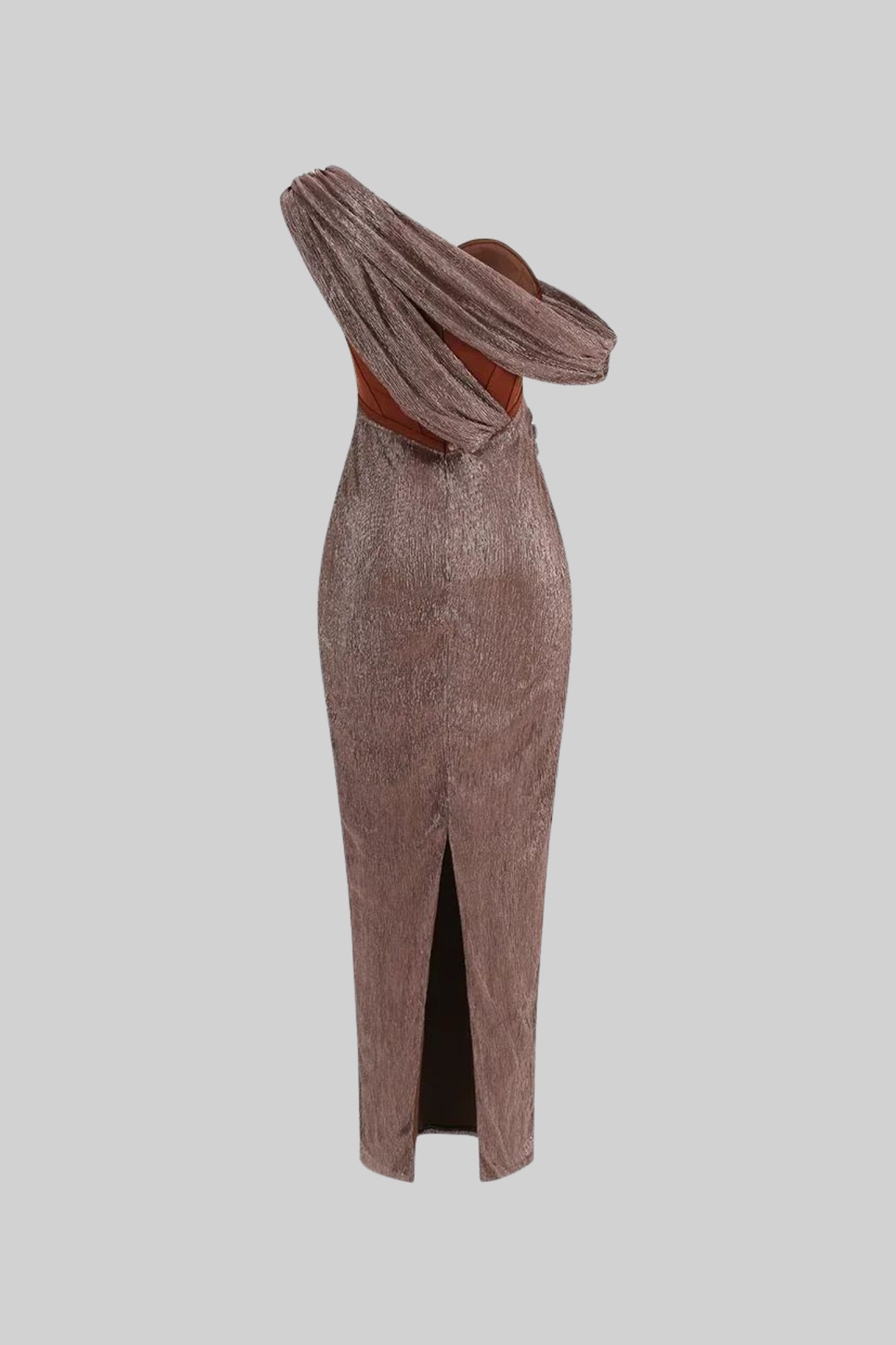 One-Shoulder Metallic Drape Dress With Structured Corset – Brown/Bronze