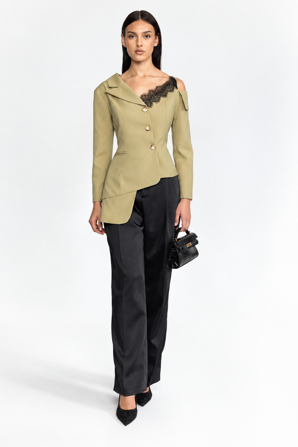 Asymmetric Cold-Shoulder Lace Trim Blazer - Khaki