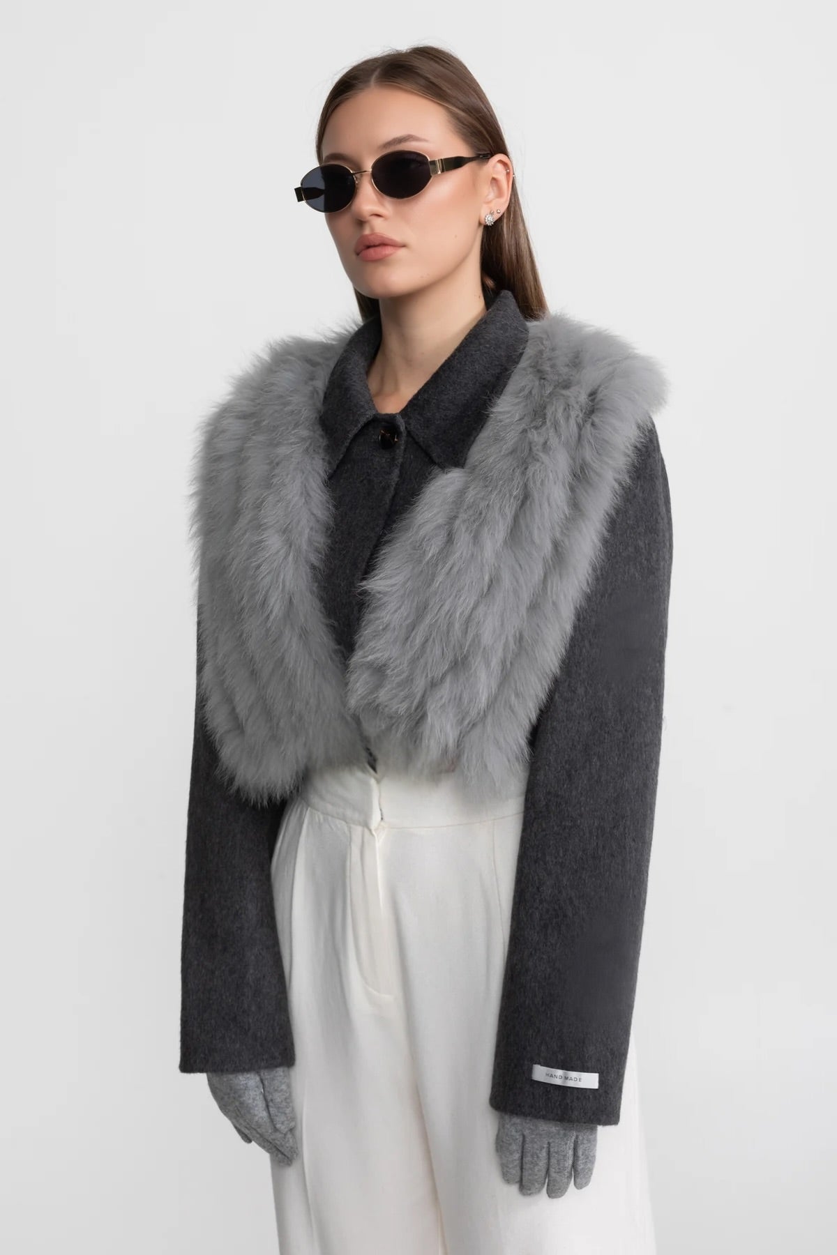 Wool Cropped Jacket with Fox Fur Collar – Charcoal Grey