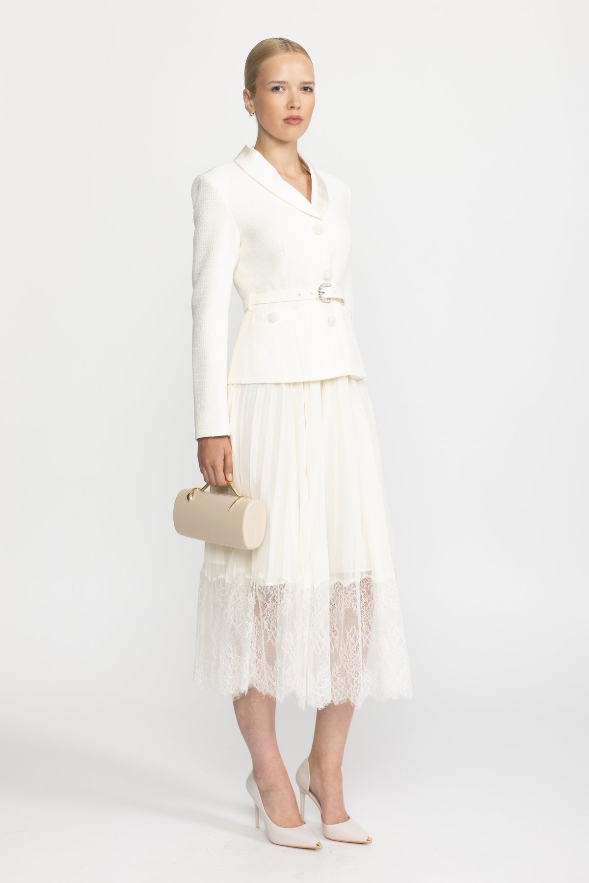 Satin Collar Tweed Jacket Dress with Pleated Lace Skirt - Ivoire