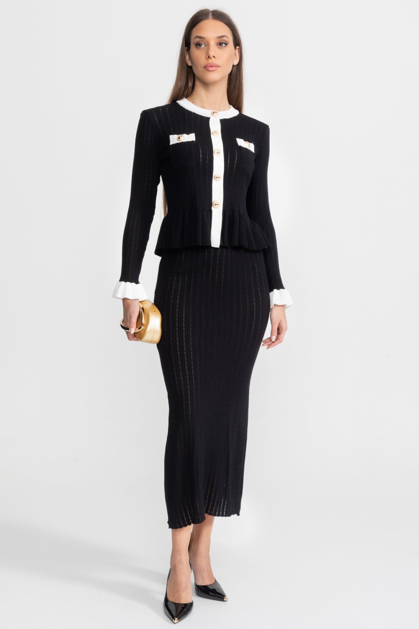 Pointelle Knit Midi Co-Ord with Contrast Trim – Black