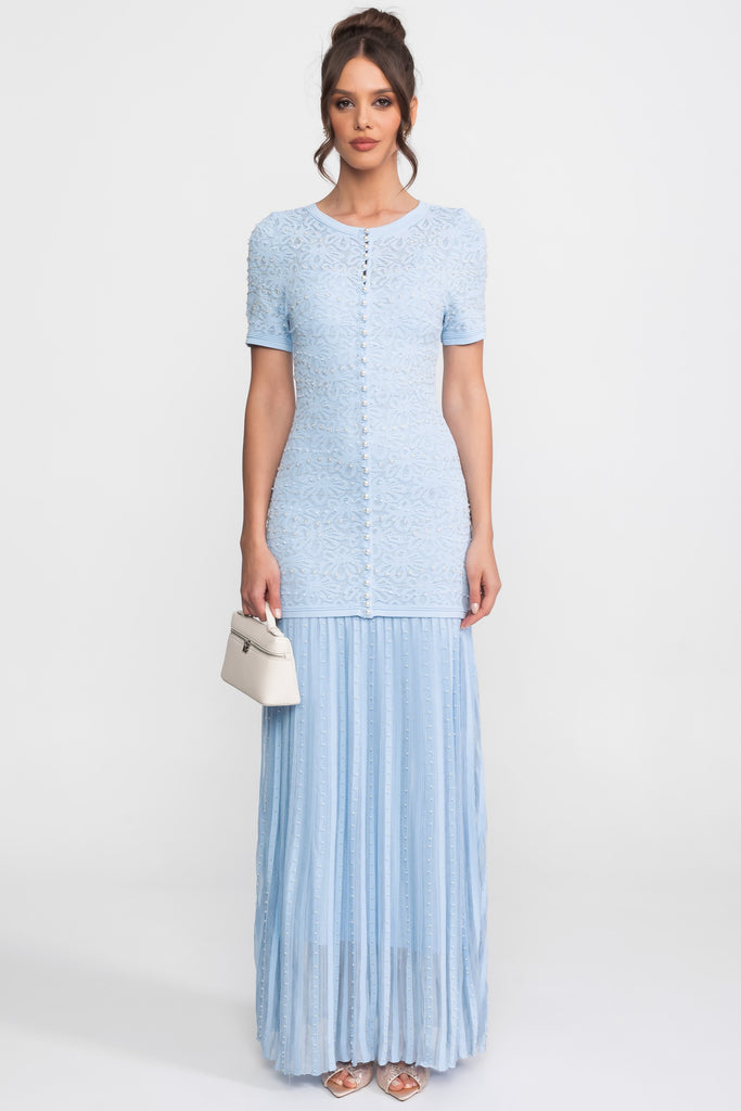 Midi-Kleid mit kurzen Ärmeln und Perlenverzierung - Powder Blue 