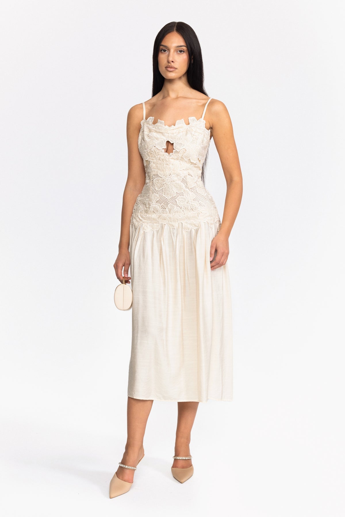 Midi-Kleid mit floraler Applikation und Taillenansatz auf der Hüfte - Off-White 