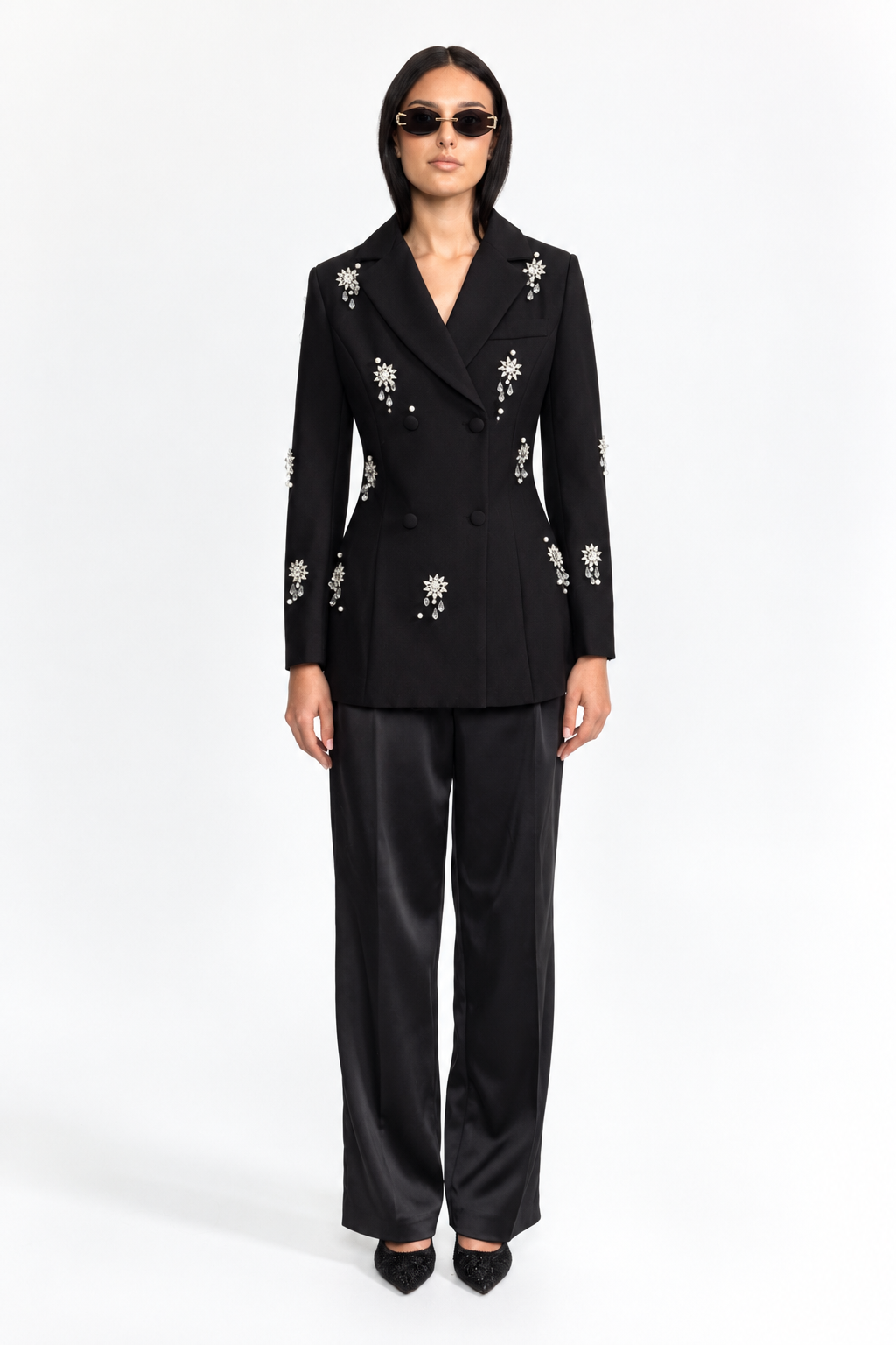 Crystal Brooch Embellished Double-Breasted Blazer - Black
