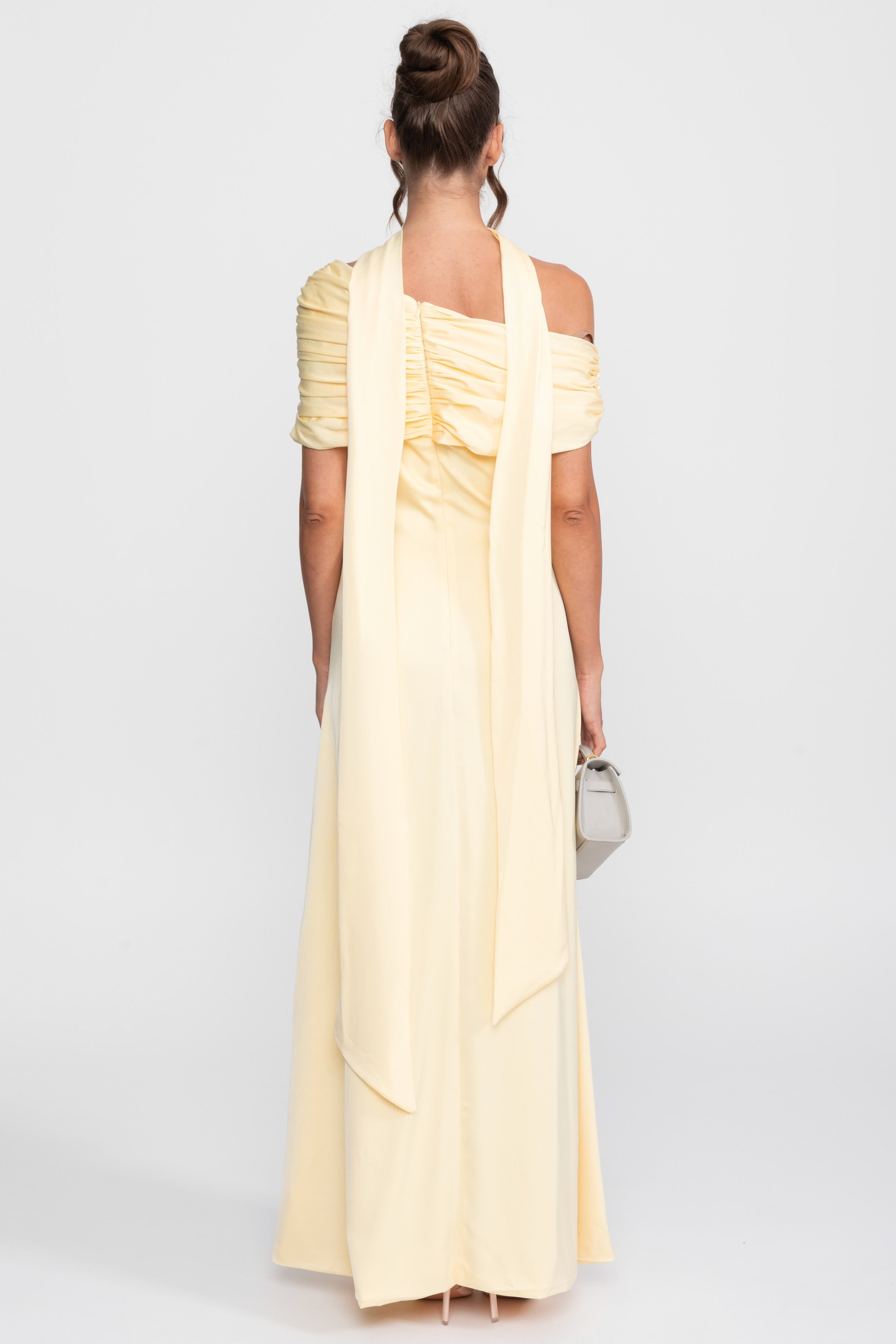 One-Shoulder Draped Satin Gown With Ruched Wrap - Yellow