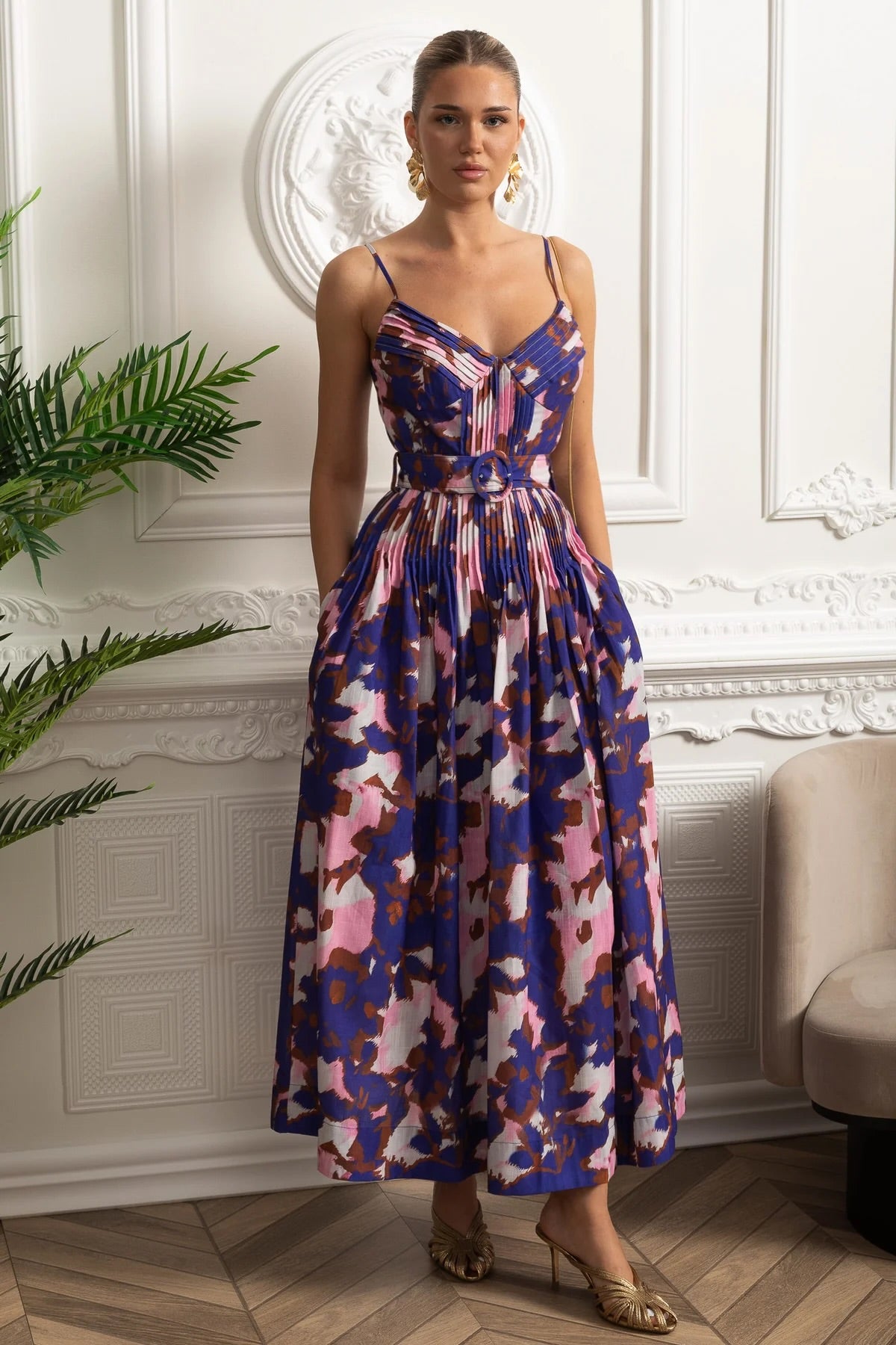 Pleated Bust Belted Midi Dress with Spaghetti Straps - Purple