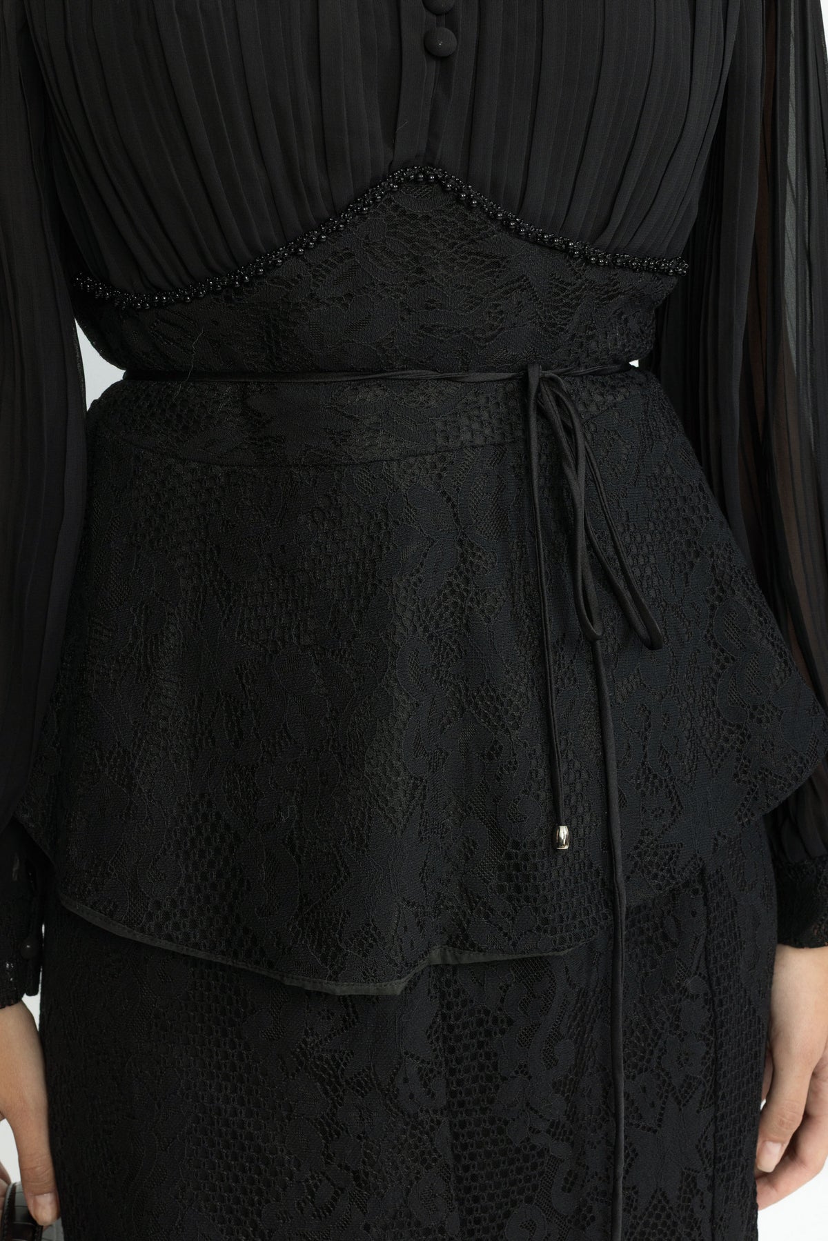 Pleated Chiffon Lace Peplum Blouse and Maxi Skirt Set - Black