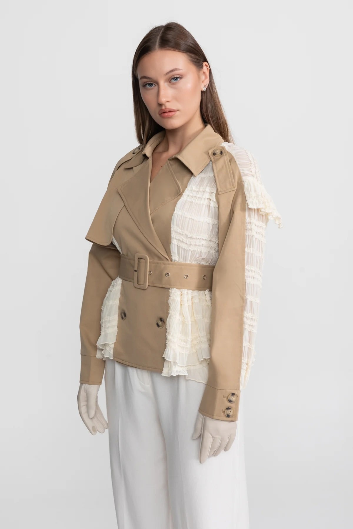 Lace Panel Trench Jacket With Belt – Beige