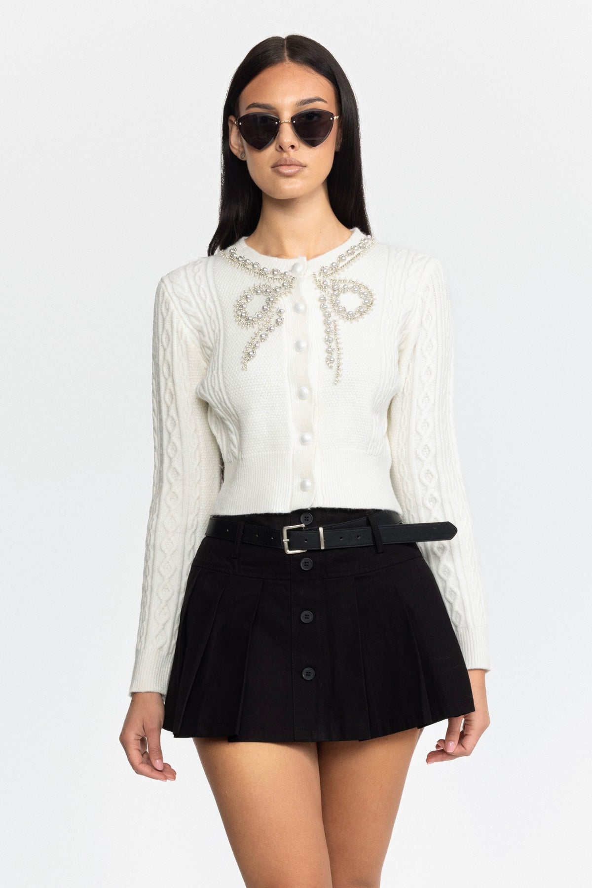 Pearl Bow Embellished Cable Knit Cardigan - White