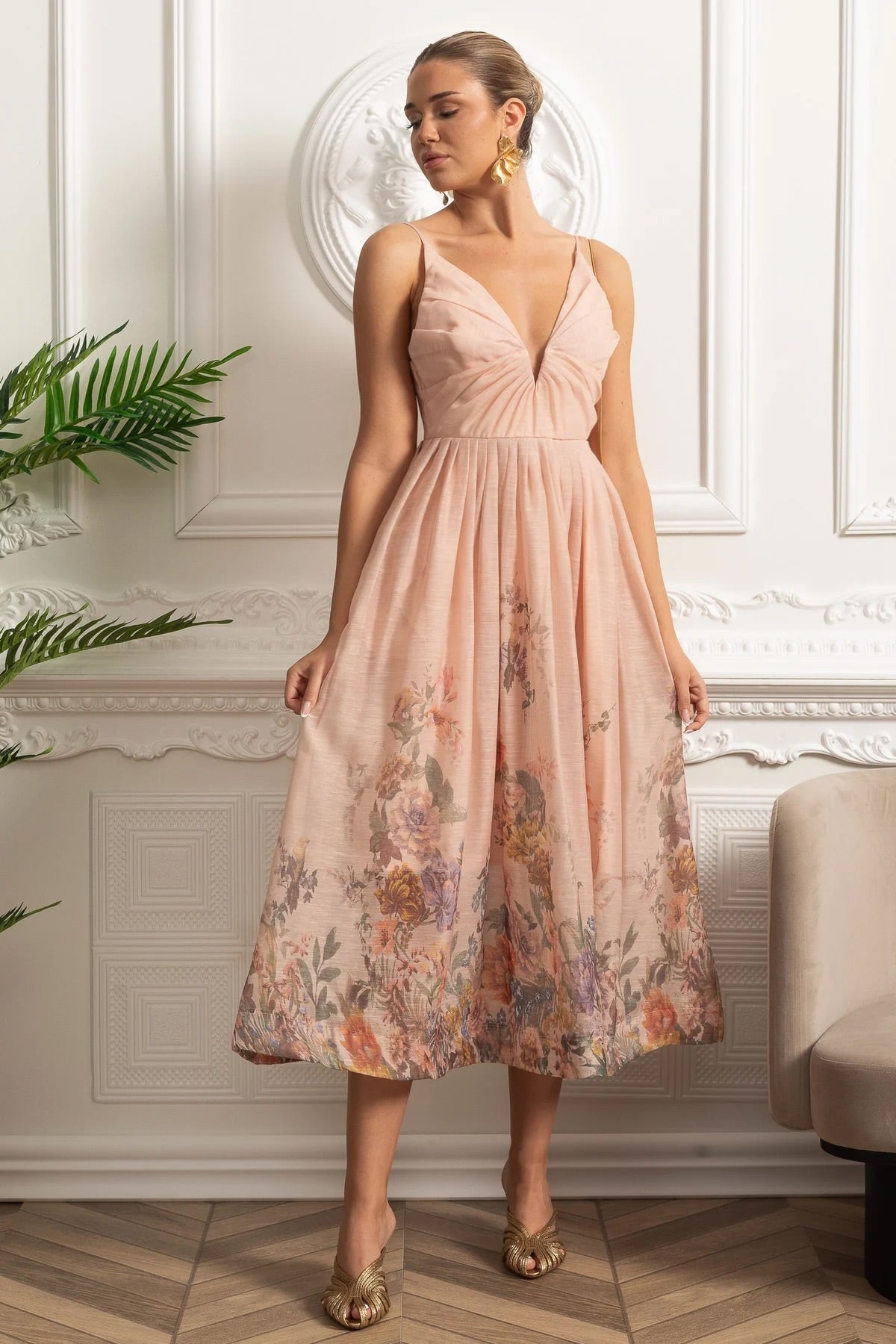Ruched Bodice Strappy Midi Dress with Smocked Back and Gathered Skirt- Blush