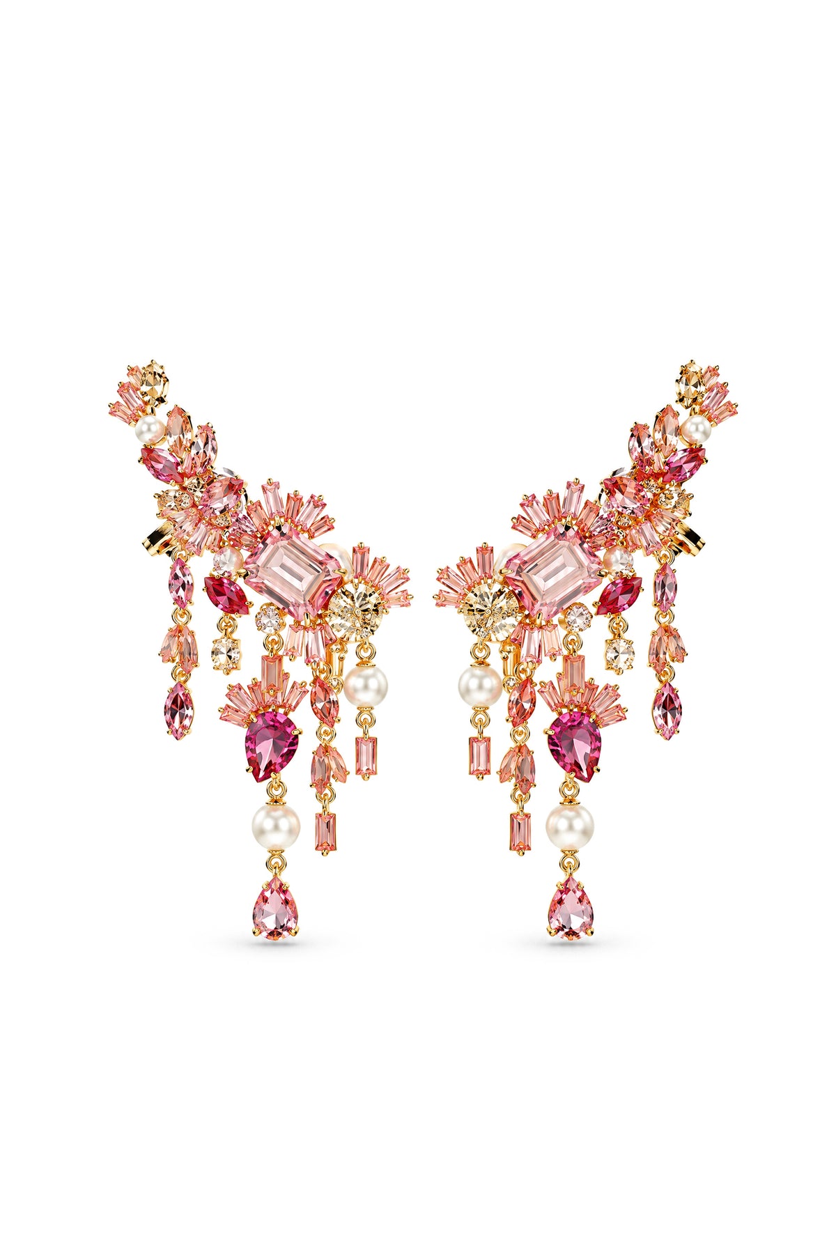 Hängeohrringe mit floralem Kristall-Cluster in Rosa - Gold 