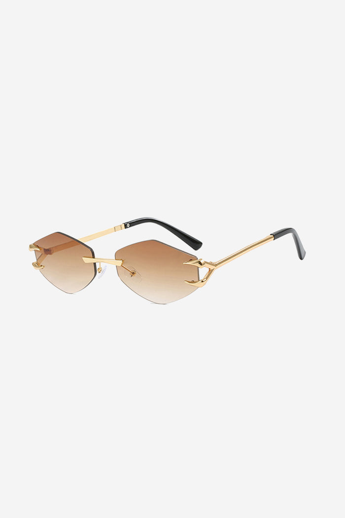 Rimless Geometric Sunglasses with Spiked Gold Temples – Brown