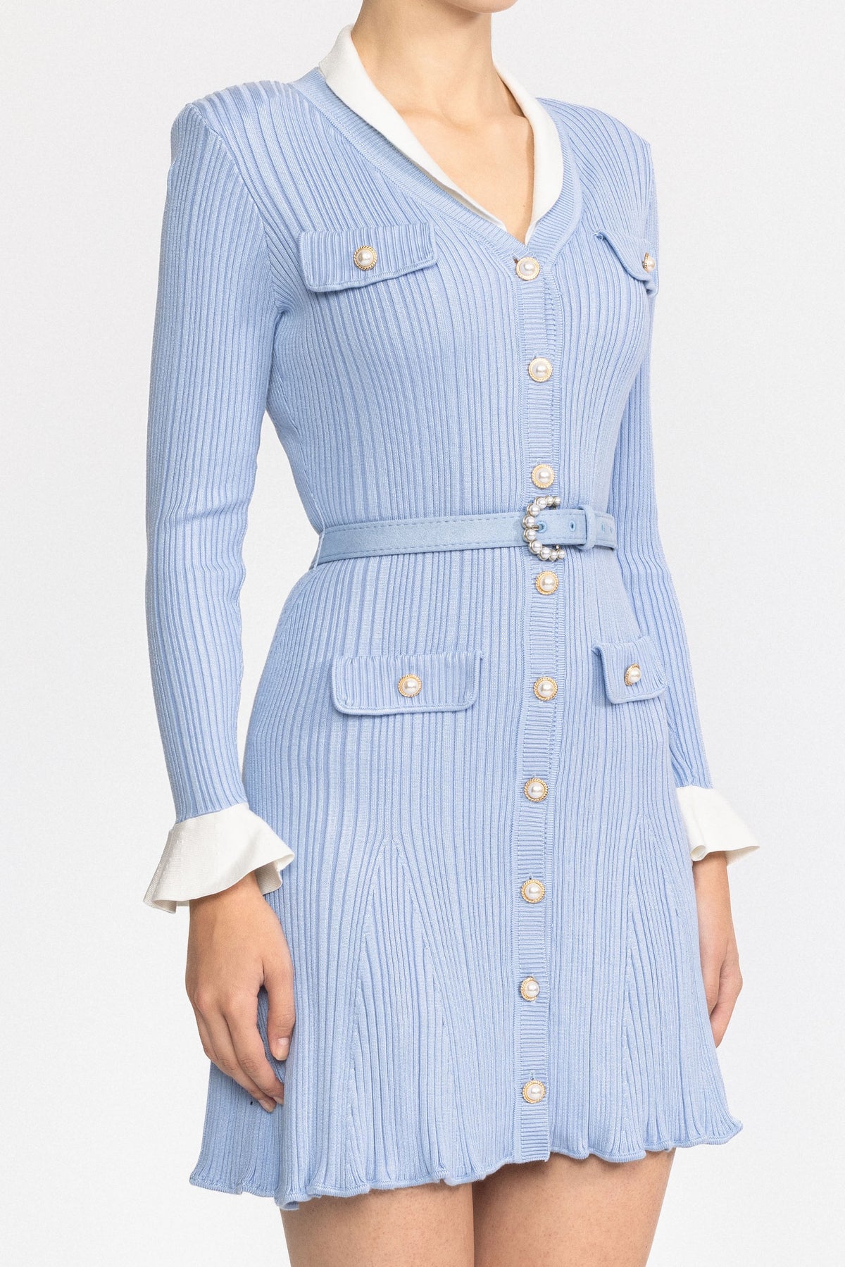 Ribbed Knit Pearl Button Belted Mini Dress - Light Blue