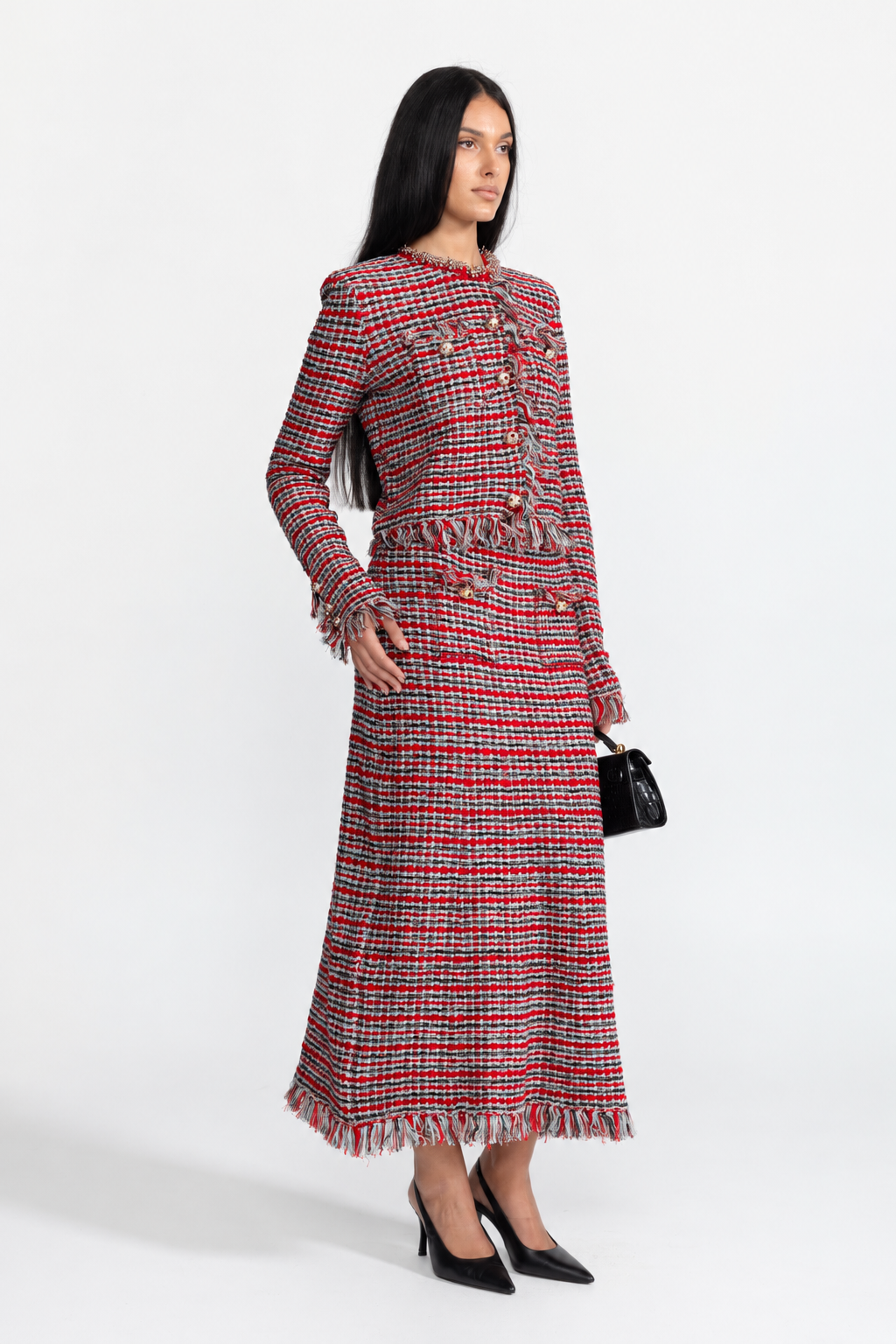 Tweedjacke mit Fransen und Midirock im Co-ord-Set - Rot Multi 